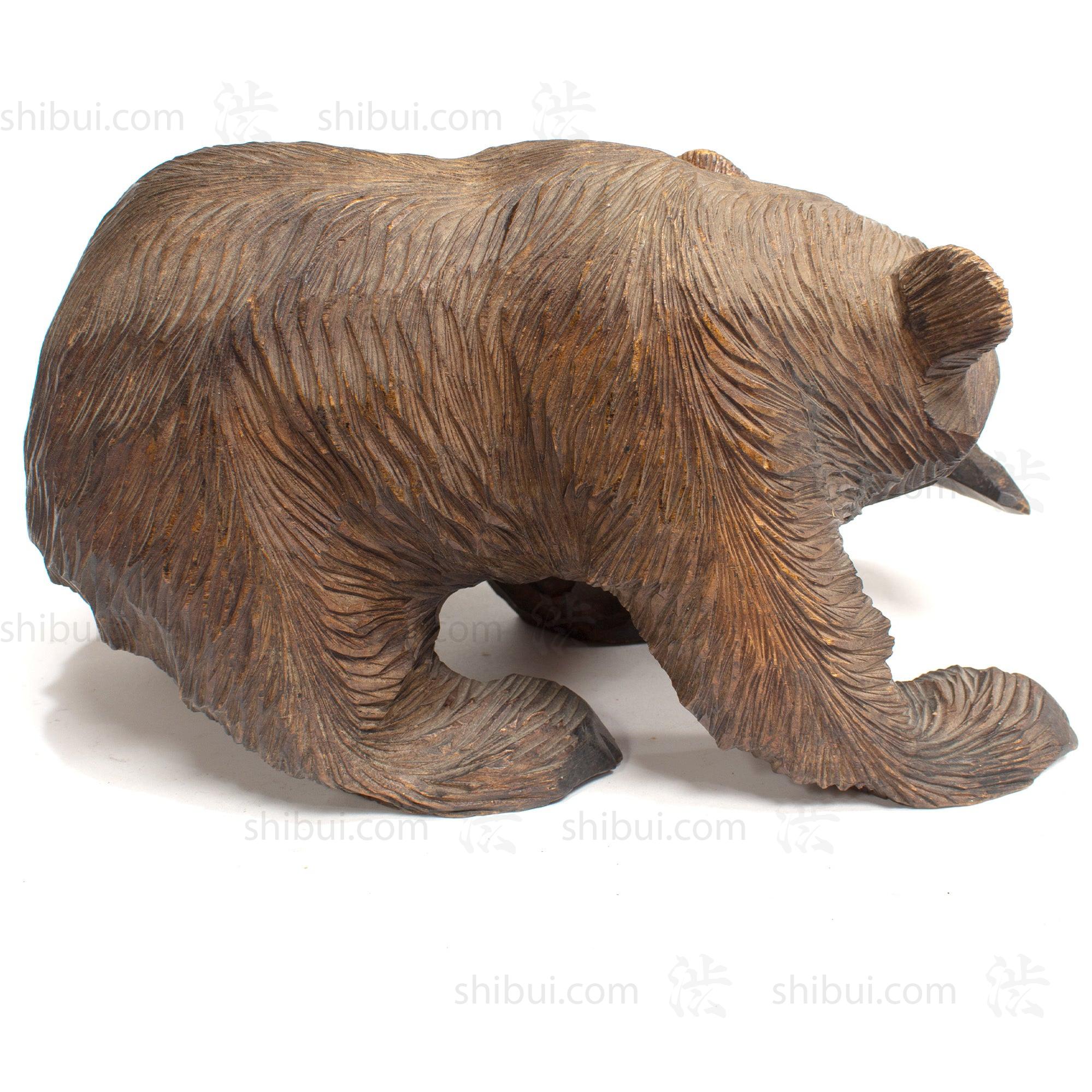 Kibori Kuma | Hand Carved Wood Bear | Japanese Hand Carved Bear with Salmon