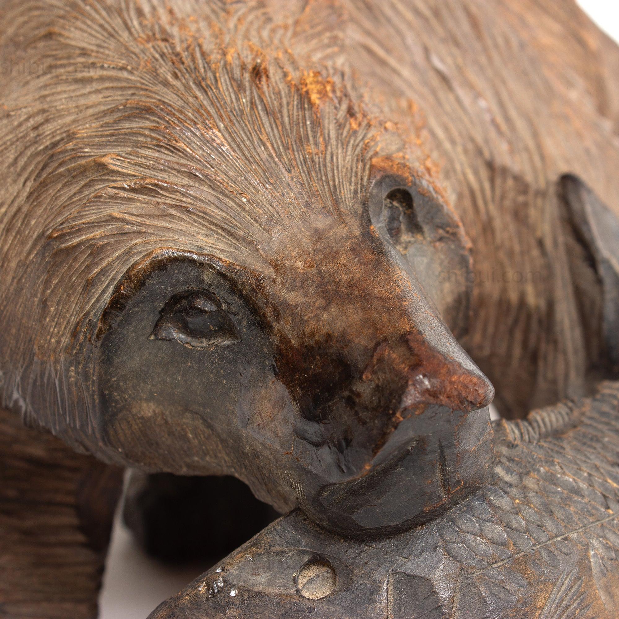 Kibori Kuma | Hand Carved Wood Bear | Japanese Hand Carved Bear with Salmon