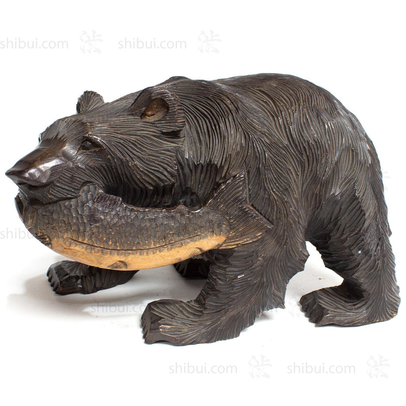 Kibori Kuma | Hand Carved Wood Bear | Japanese Hand Carved Bear with Salmon