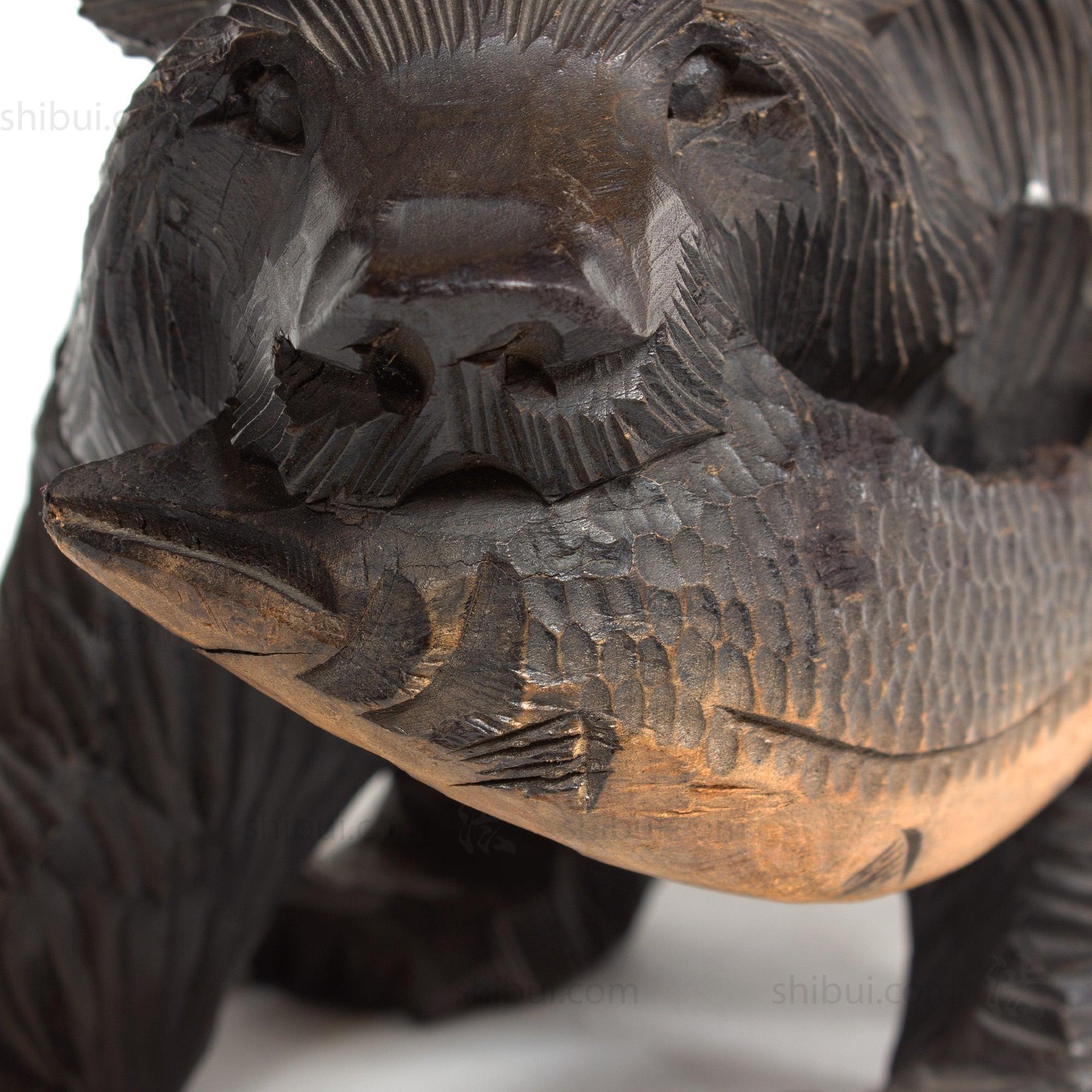 Kibori Kuma | Hand Carved Wood Bear | Japanese Hand Carved Bear with Salmon