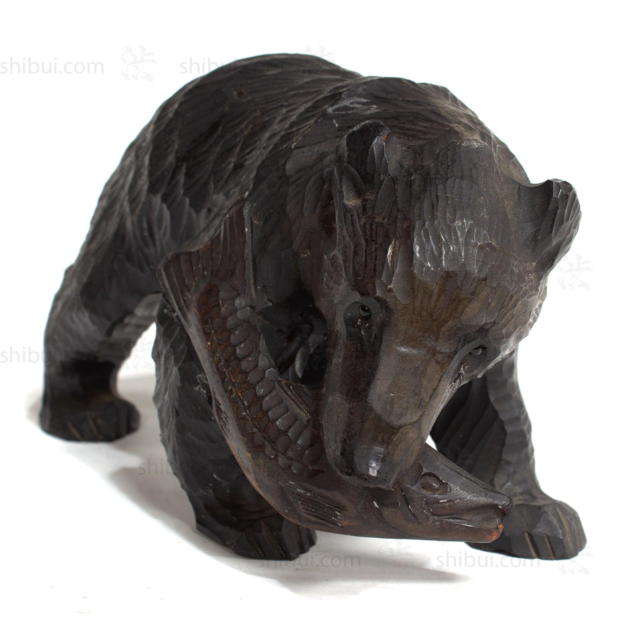 Kibori Kuma | Hand Carved Wood Bear | Japanese Hand Carved Bear with Salmon