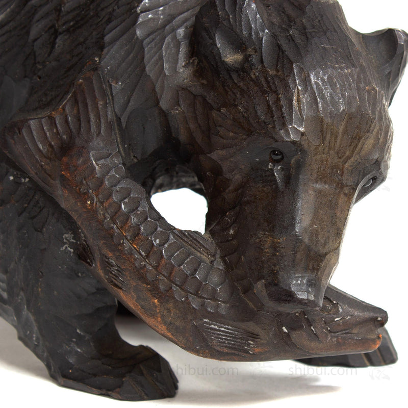 Kibori Kuma | Hand Carved Wood Bear | Japanese Hand Carved Bear with Salmon