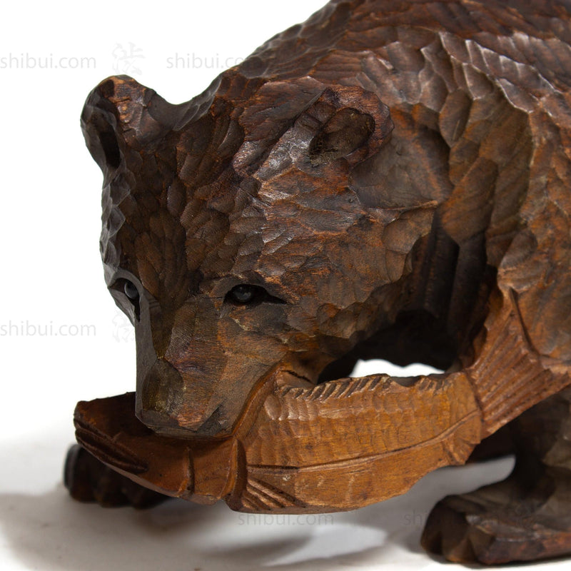 Kibori Kuma | Hand Carved Wood Bear | Japanese Hand Carved Bear with Salmon