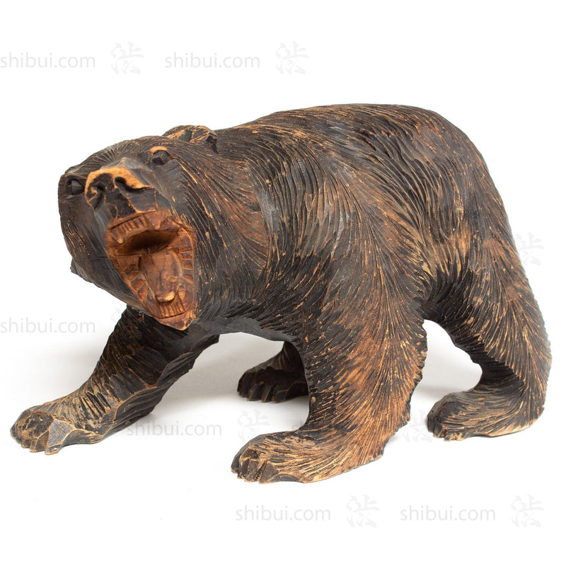 Kibori Kuma | Hand Carved Wood Bear | Japanese Hand Carved Bear with Salmon
