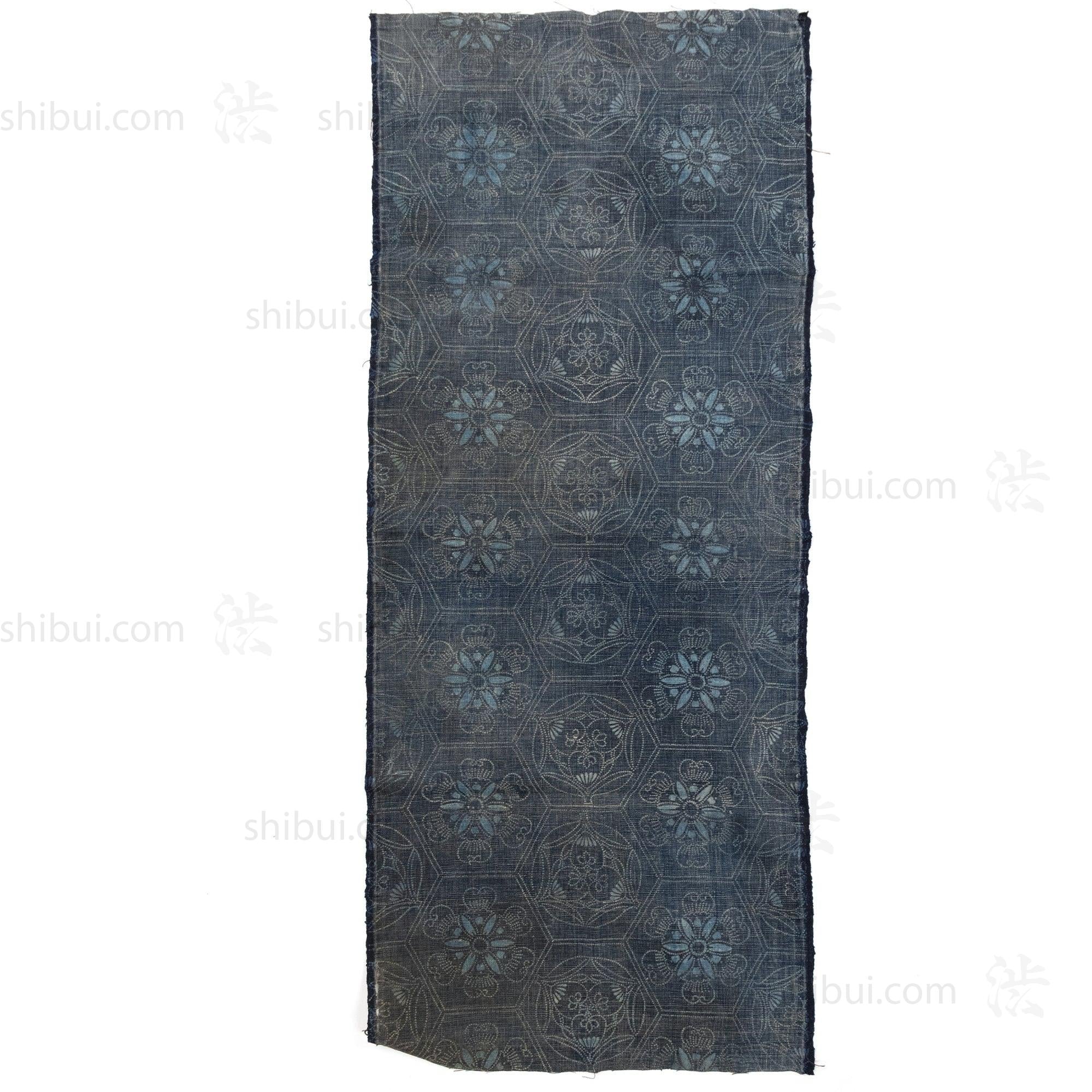 Japanese Indigo Katazome Panel Textile Tortise Shell and Flower Pattern