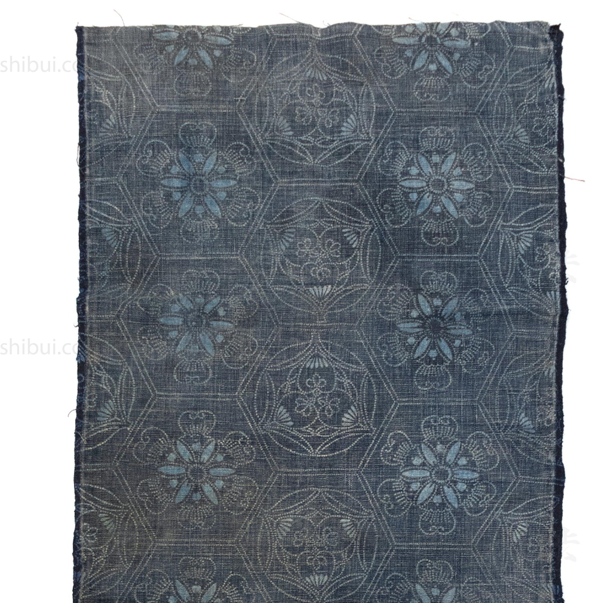 Japanese Indigo Katazome Panel Textile Tortise Shell and Flower Pattern
