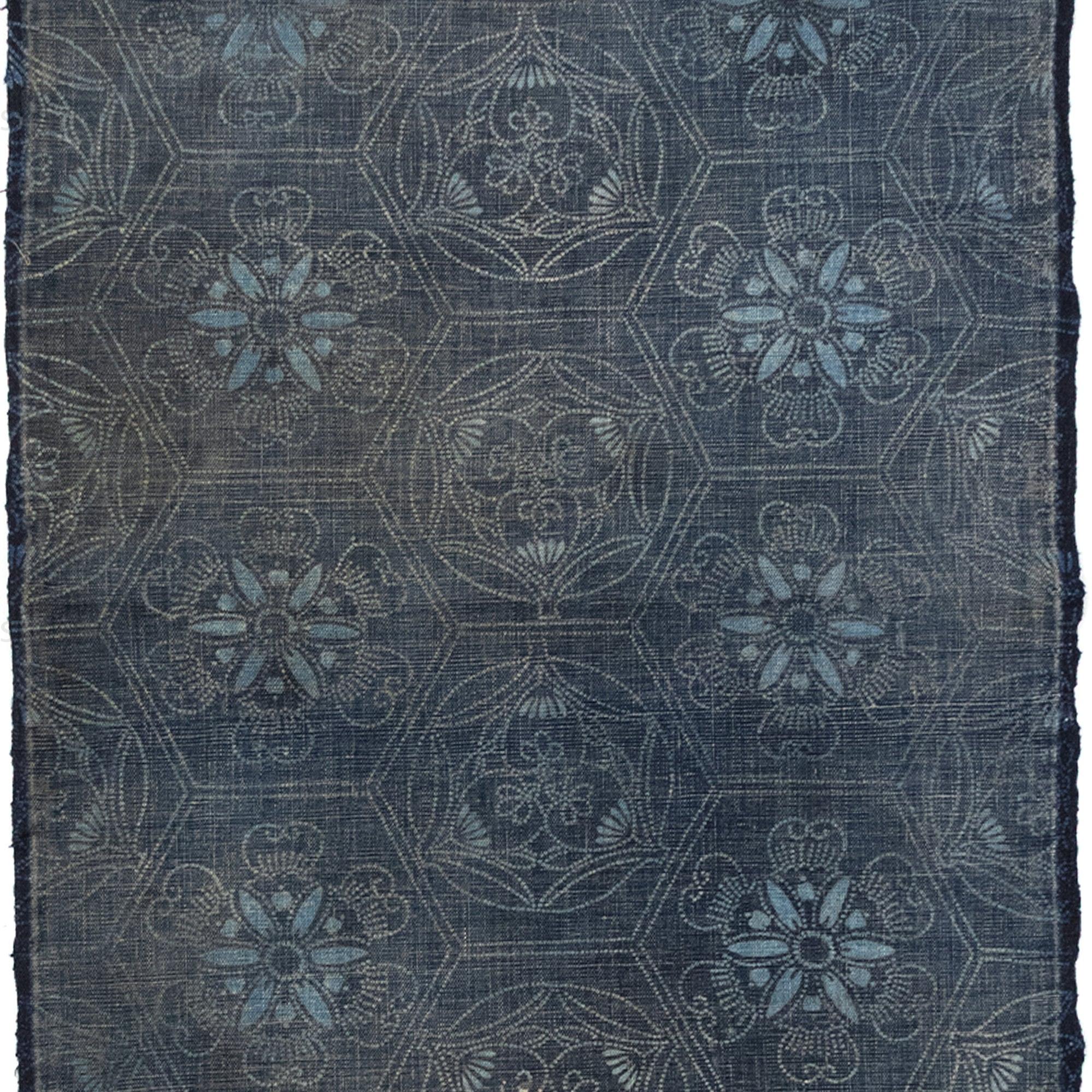 Japanese Indigo Katazome Panel Textile Tortise Shell and Flower Pattern