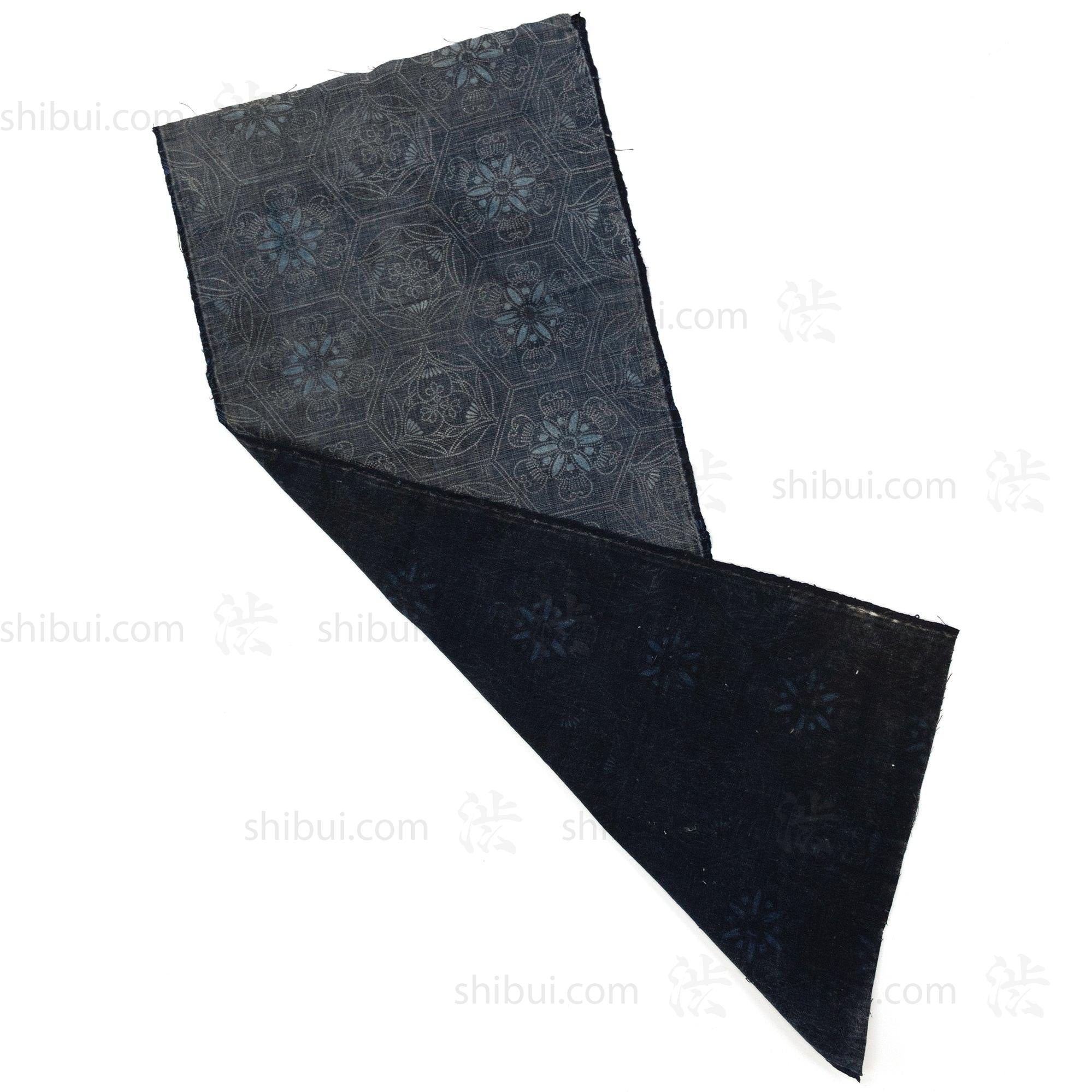 Japanese Indigo Katazome Panel Textile Tortise Shell and Flower Pattern