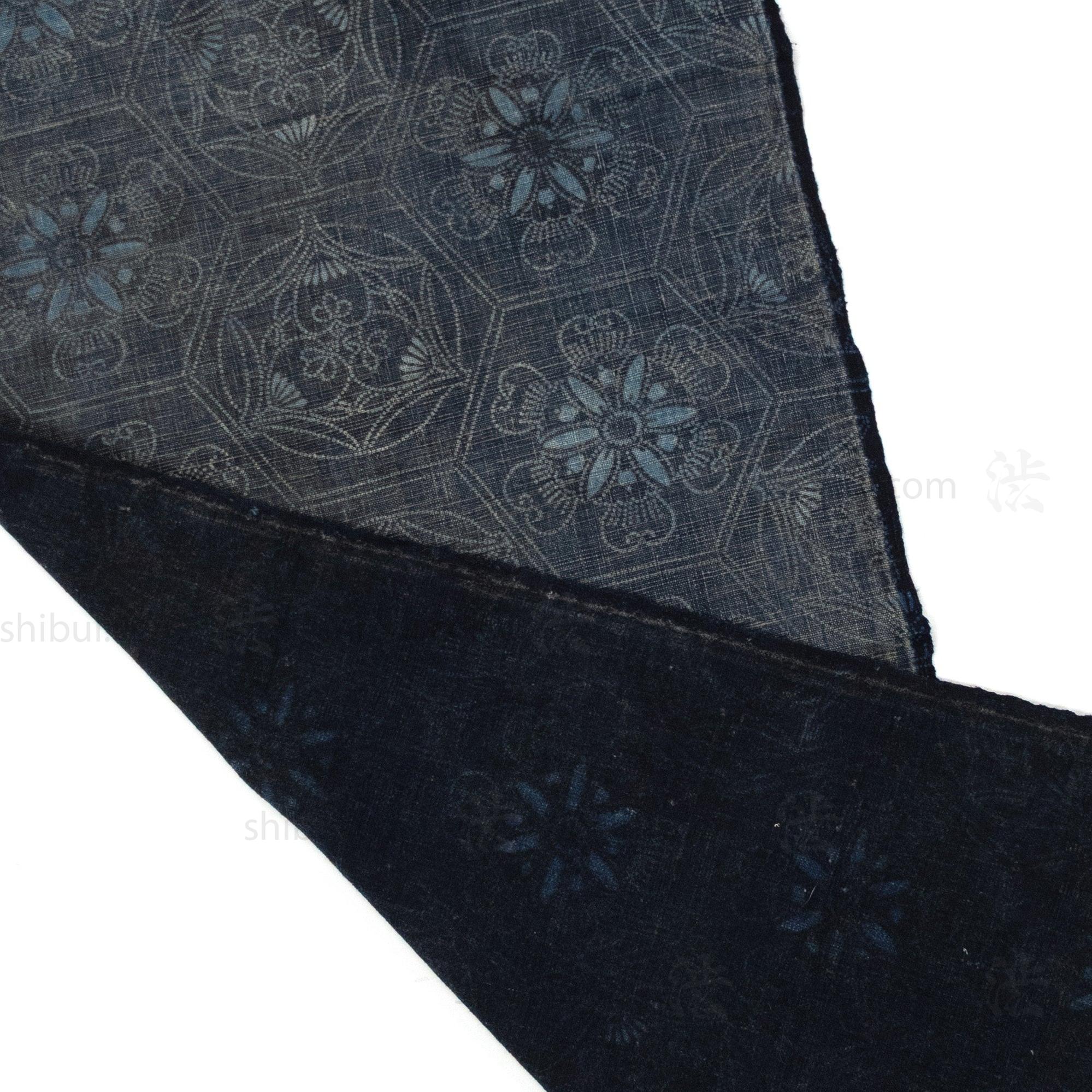 Japanese Indigo Katazome Panel Textile Tortise Shell and Flower Pattern