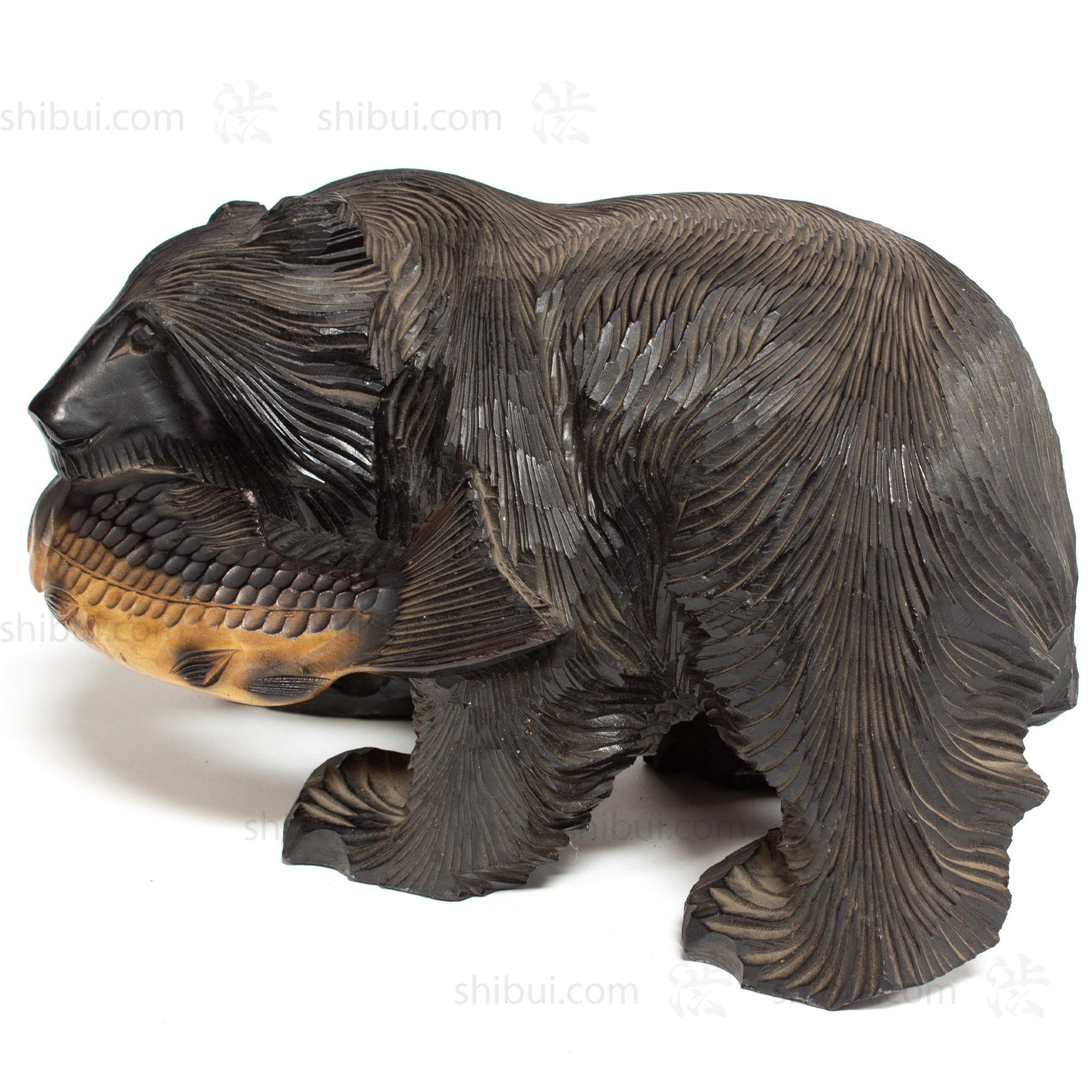 Kibori Kuma | Hand Carved Wood Bear | Japanese Hand Carved Bear with Salmon