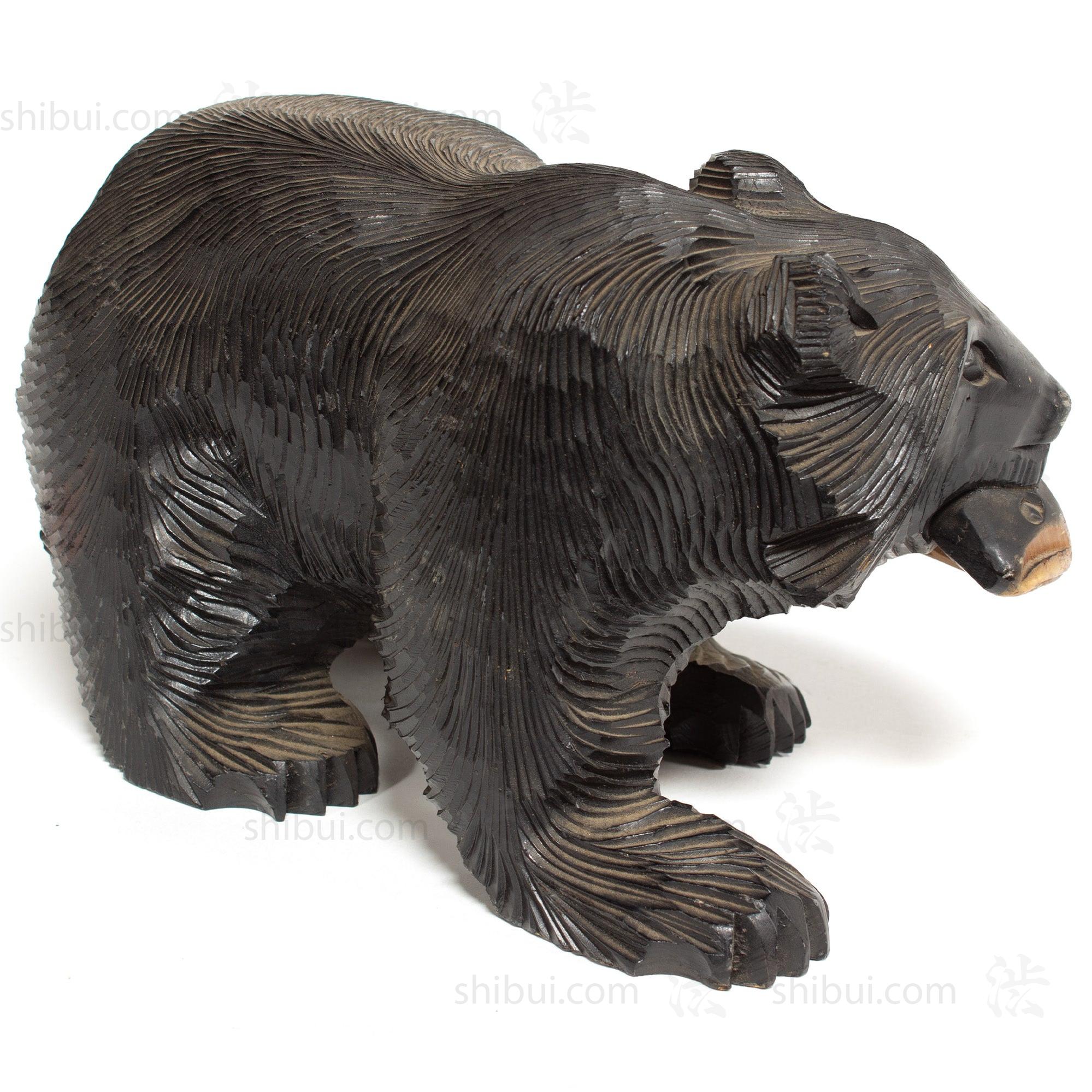 Kibori Kuma | Hand Carved Wood Bear | Japanese Hand Carved Bear with Salmon
