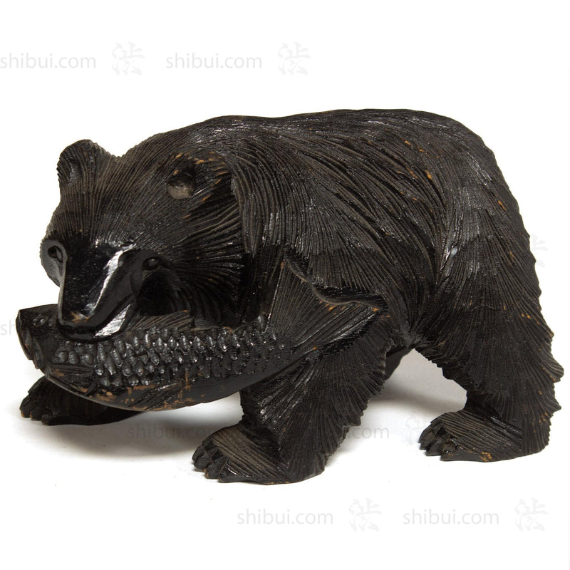 Kibori Kuma | Hand Carved Wood Bear | Japanese Hand Carved Bear with Salmon