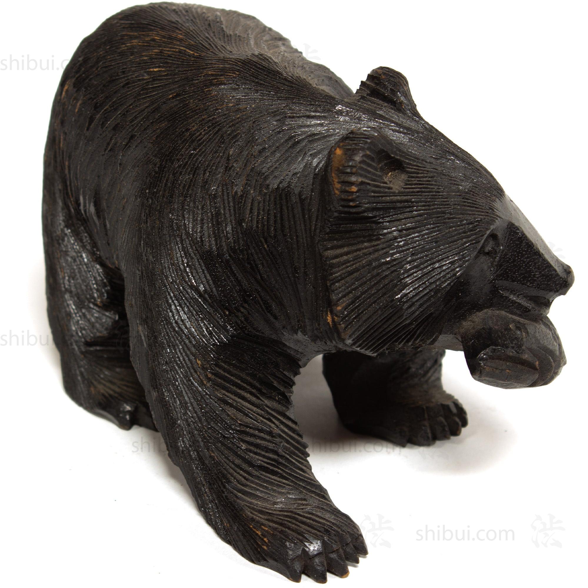 Kibori Kuma | Hand Carved Wood Bear | Japanese Hand Carved Bear with Salmon