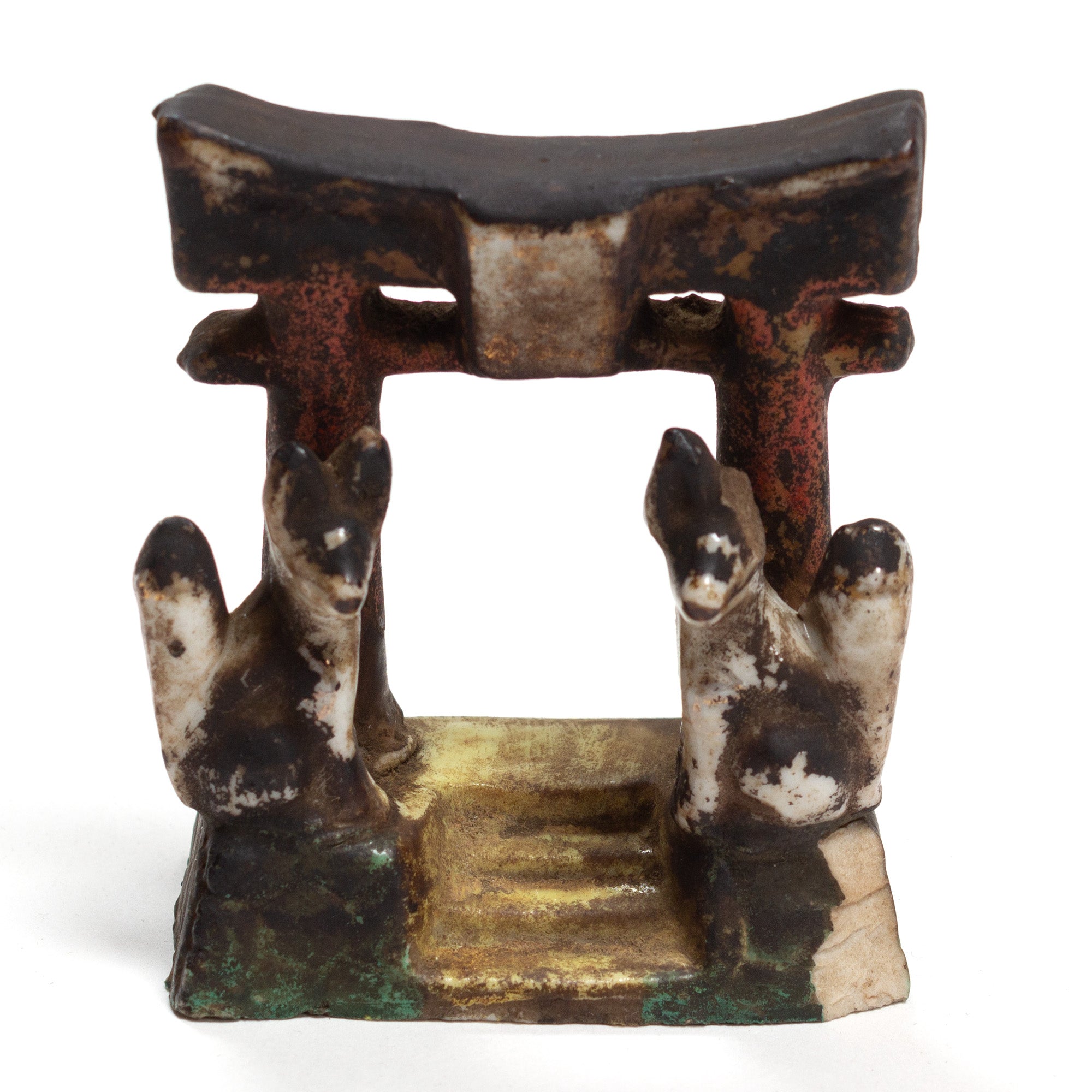 Small Inari Foxes at Gate | Sacred Kitsune Clay Figure