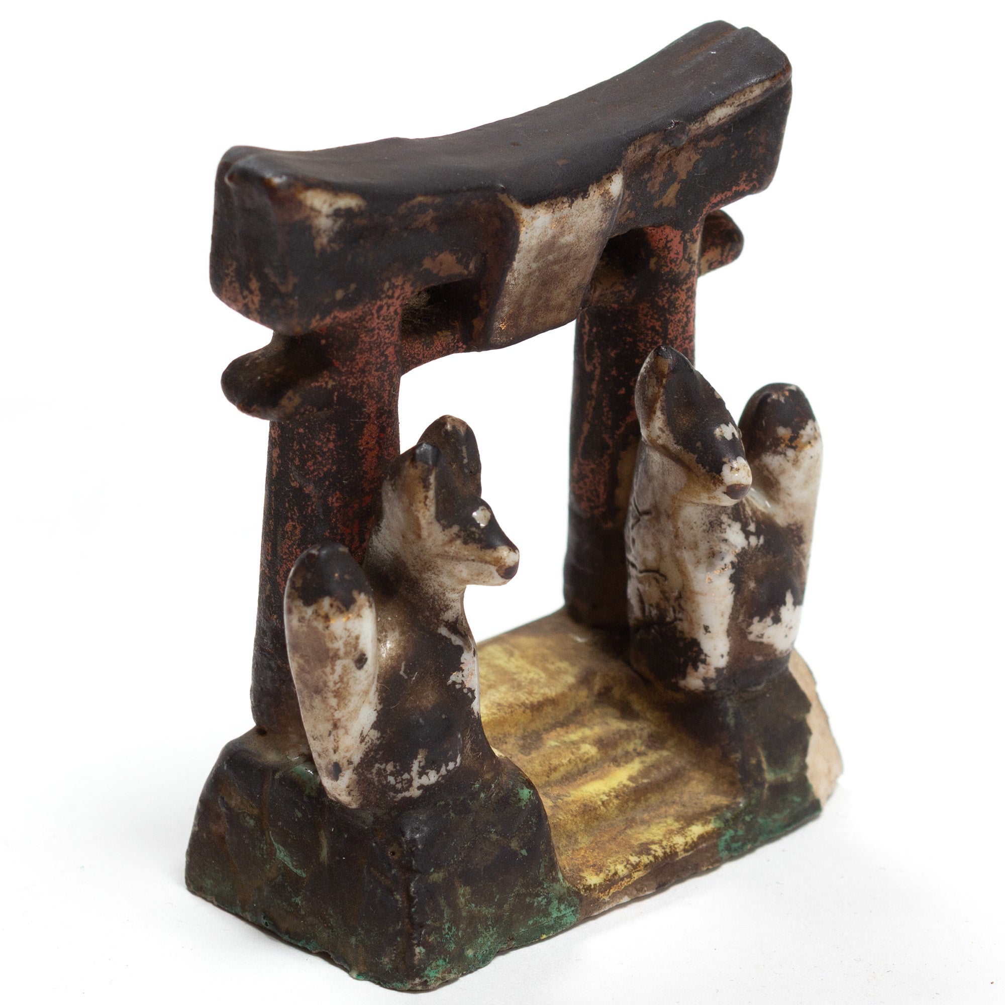 Small Inari Foxes at Gate | Sacred Kitsune Clay Figure