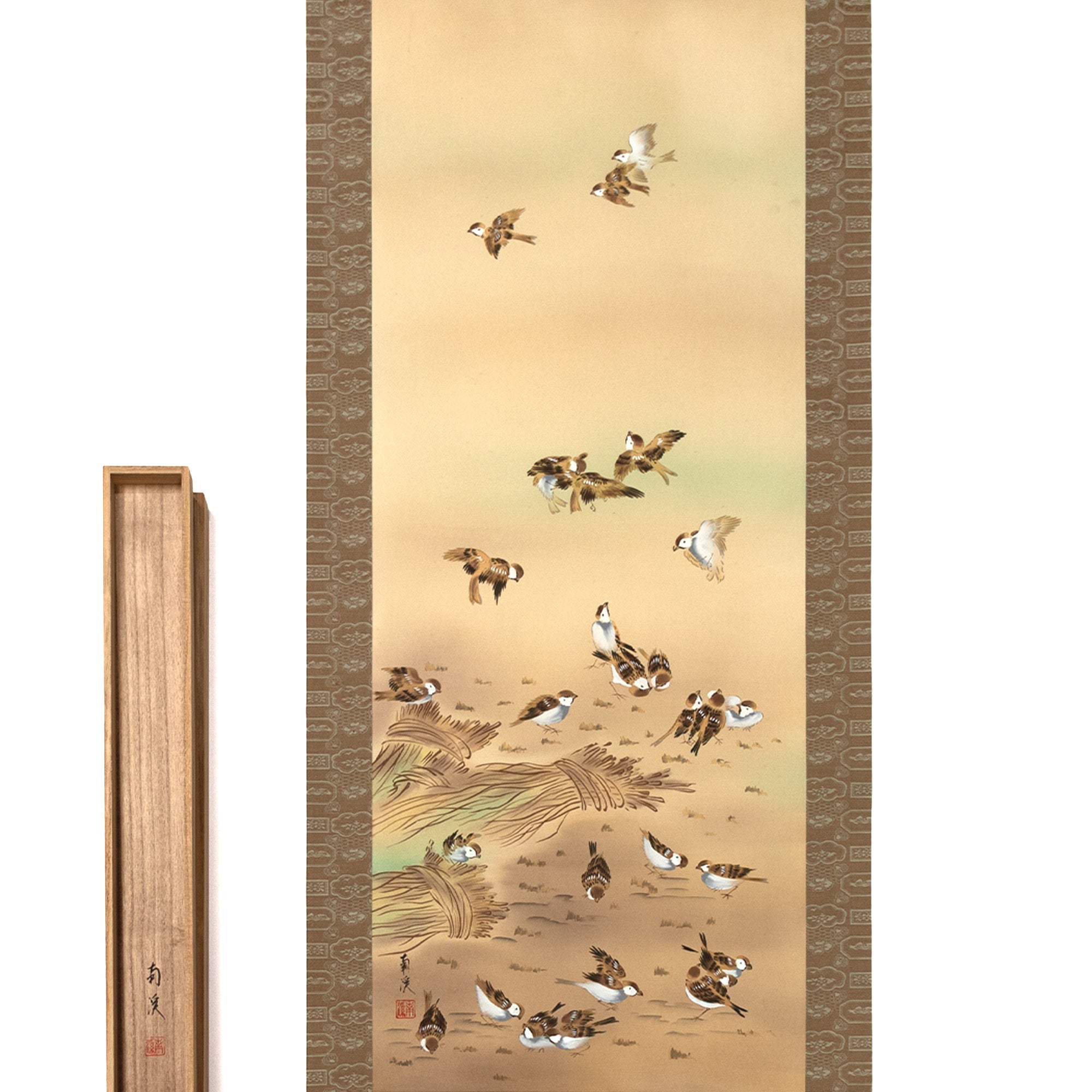 Contemporary Sparrows Gleening Near Rice Sheafs Scroll