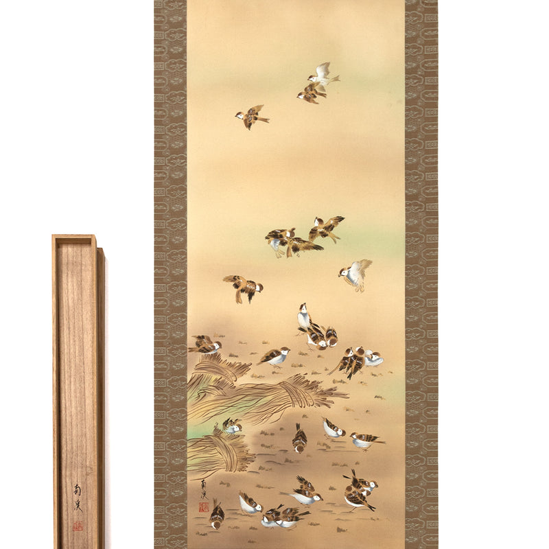 Contemporary Sparrows Gleening Near Rice Sheafs Scroll