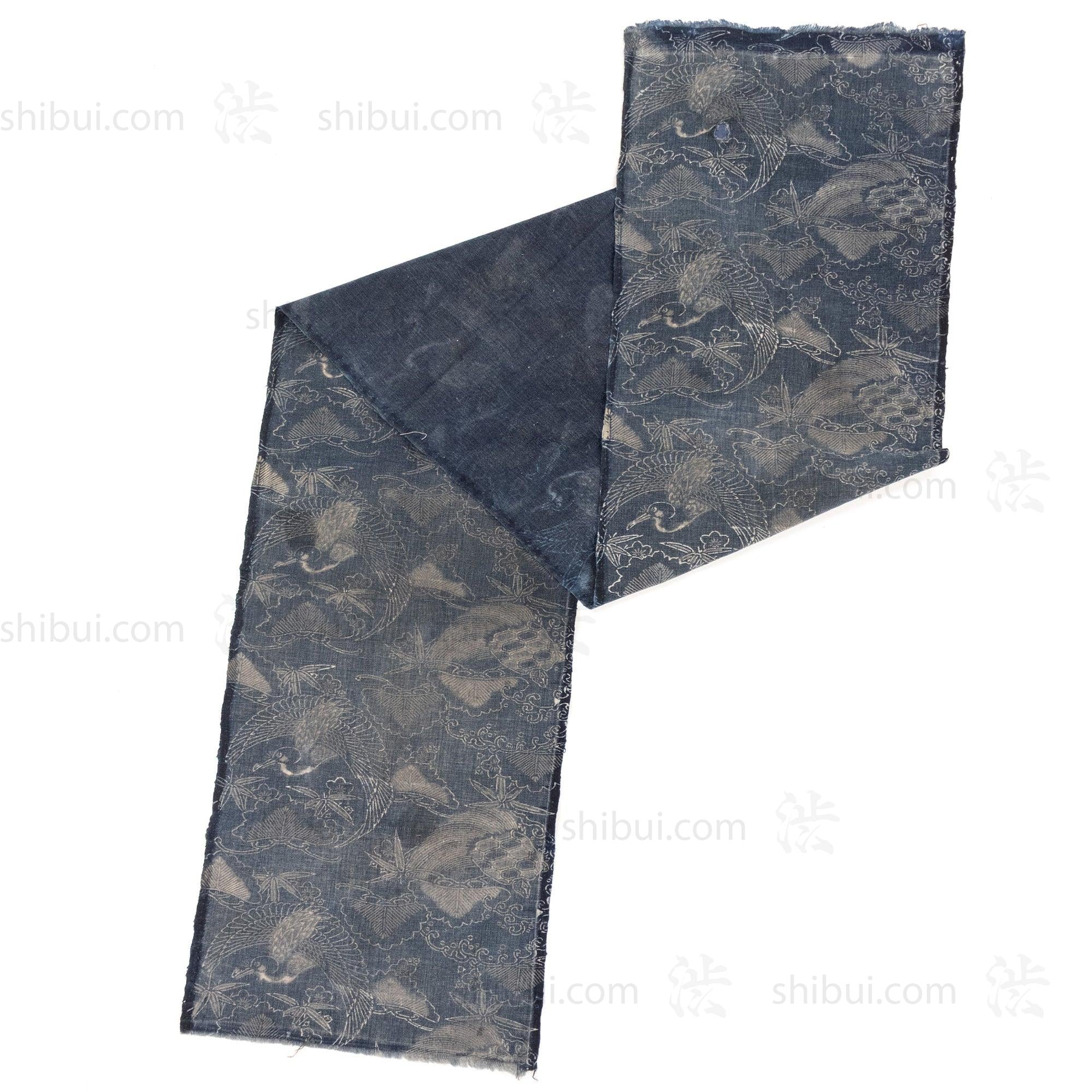 Japanese Indigo Katazome Panel Textile Crane and Tortise Pattern