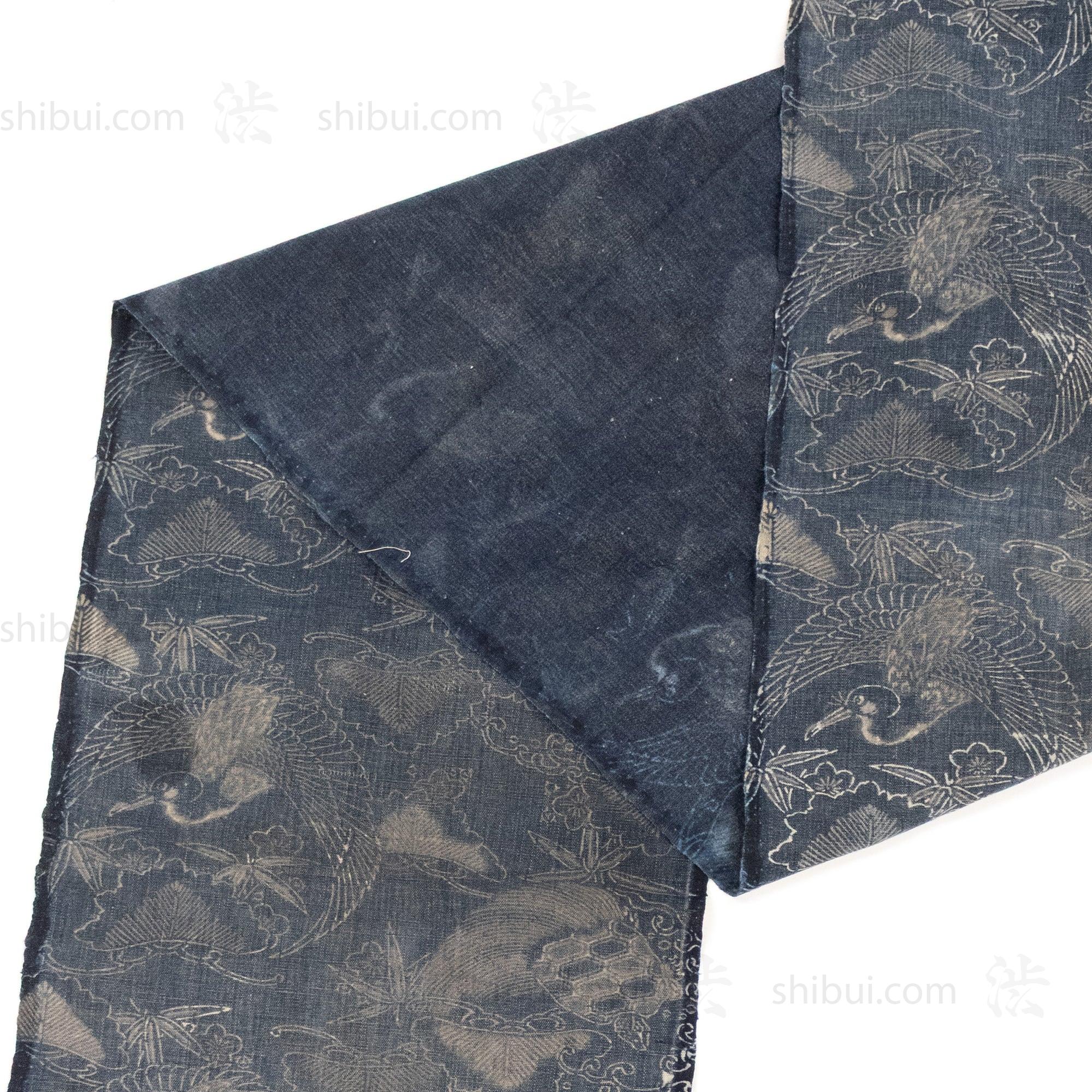 Japanese Indigo Katazome Panel Textile Crane and Tortise Pattern