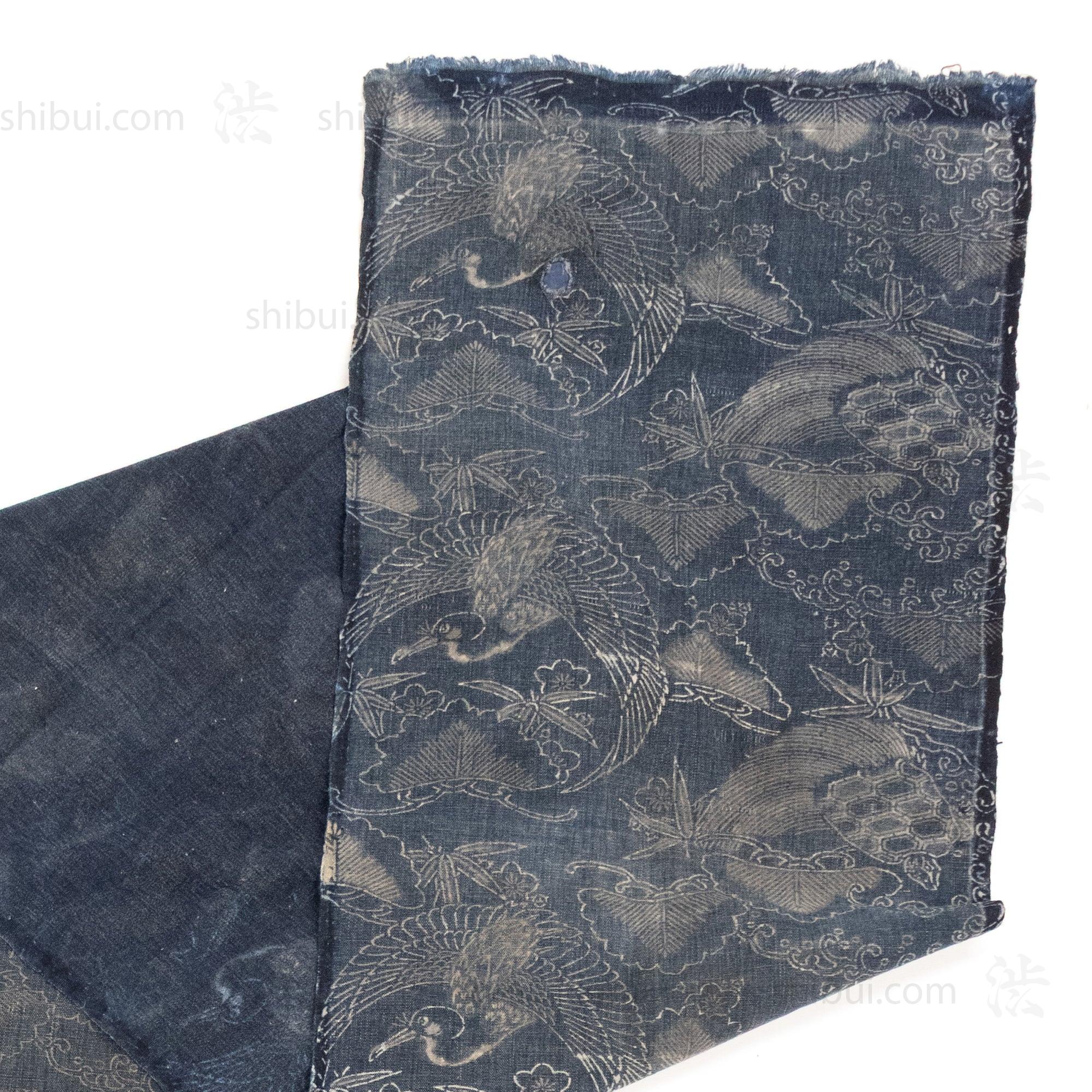 Japanese Indigo Katazome Panel Textile Crane and Tortise Pattern