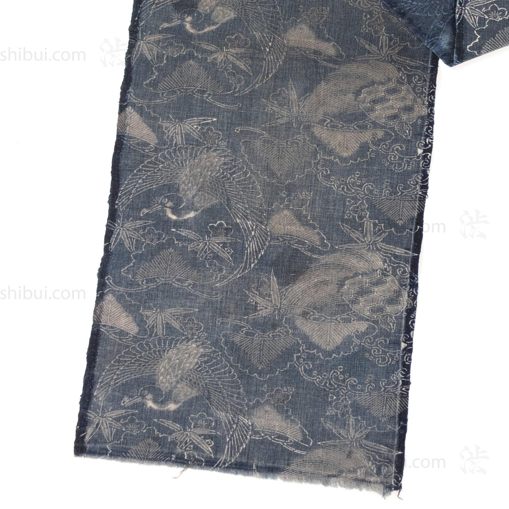 Japanese Indigo Katazome Panel Textile Crane and Tortise Pattern