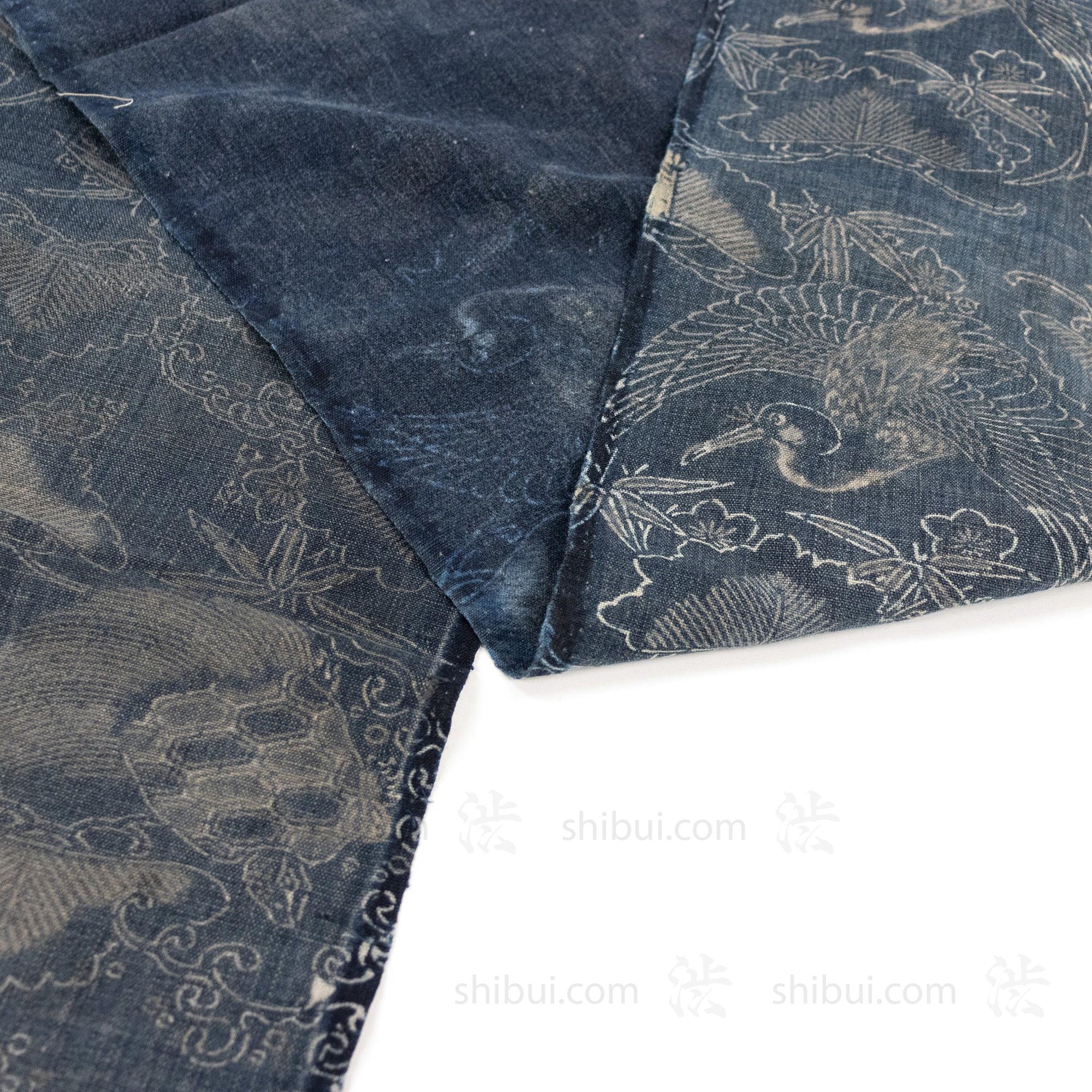 Japanese Indigo Katazome Panel Textile Crane and Tortise Pattern