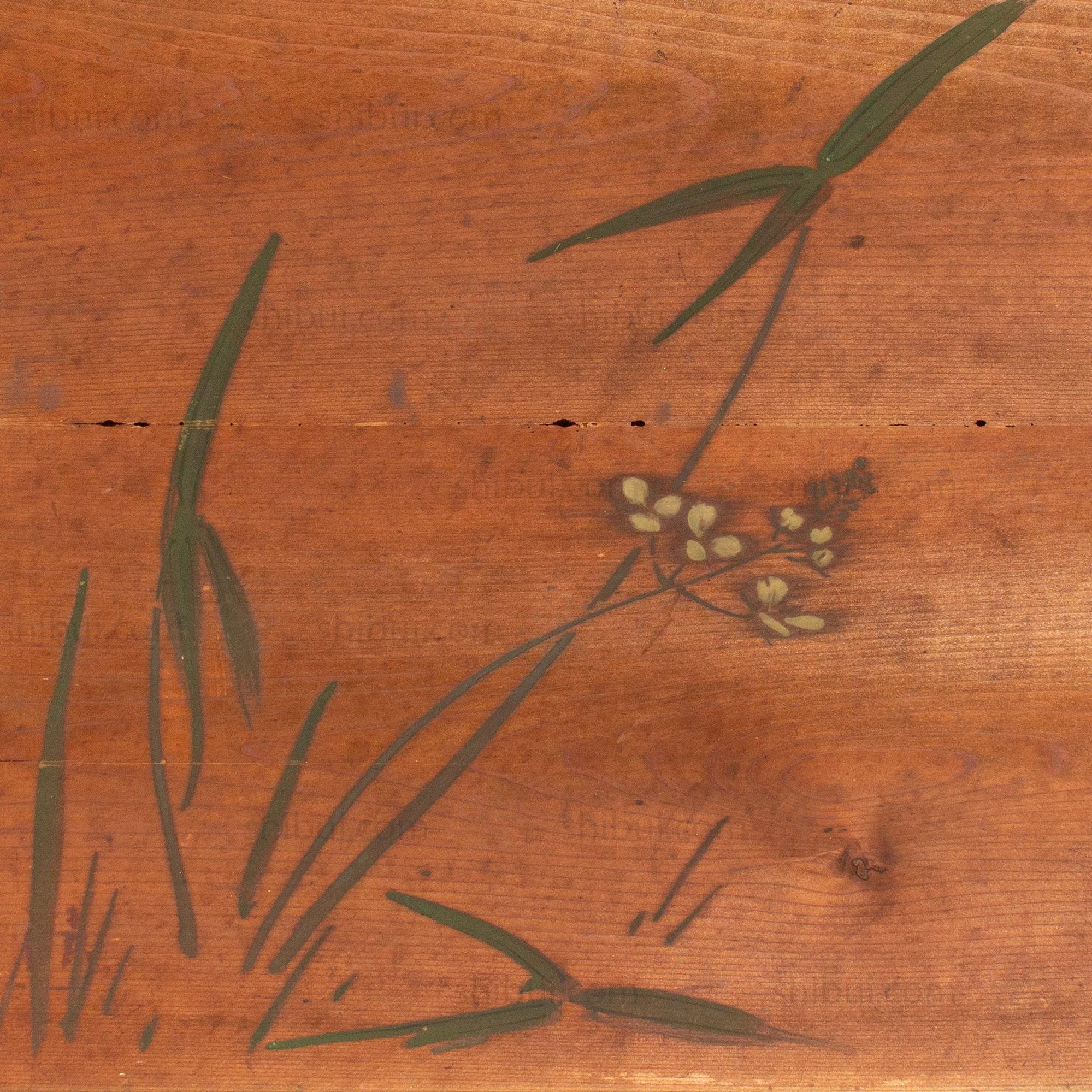 Antique Japanese Buddhist Temple Ceiling Painting with Flowers