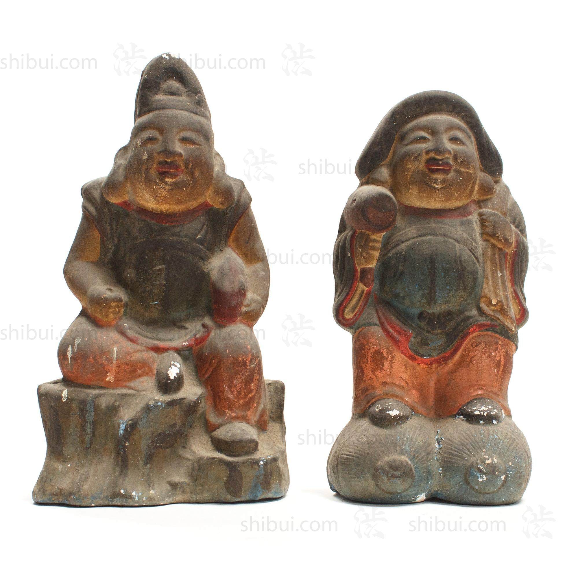 Daikoku and Ebisu Clay Dolls Meiji Era