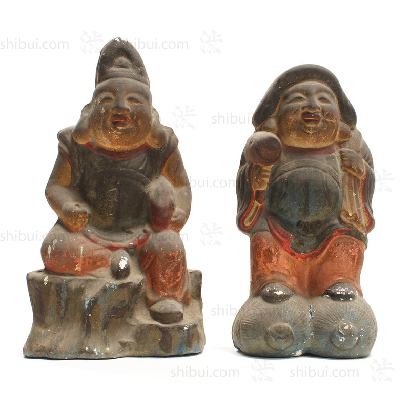 Daikoku and Ebisu Clay Dolls Meiji Era