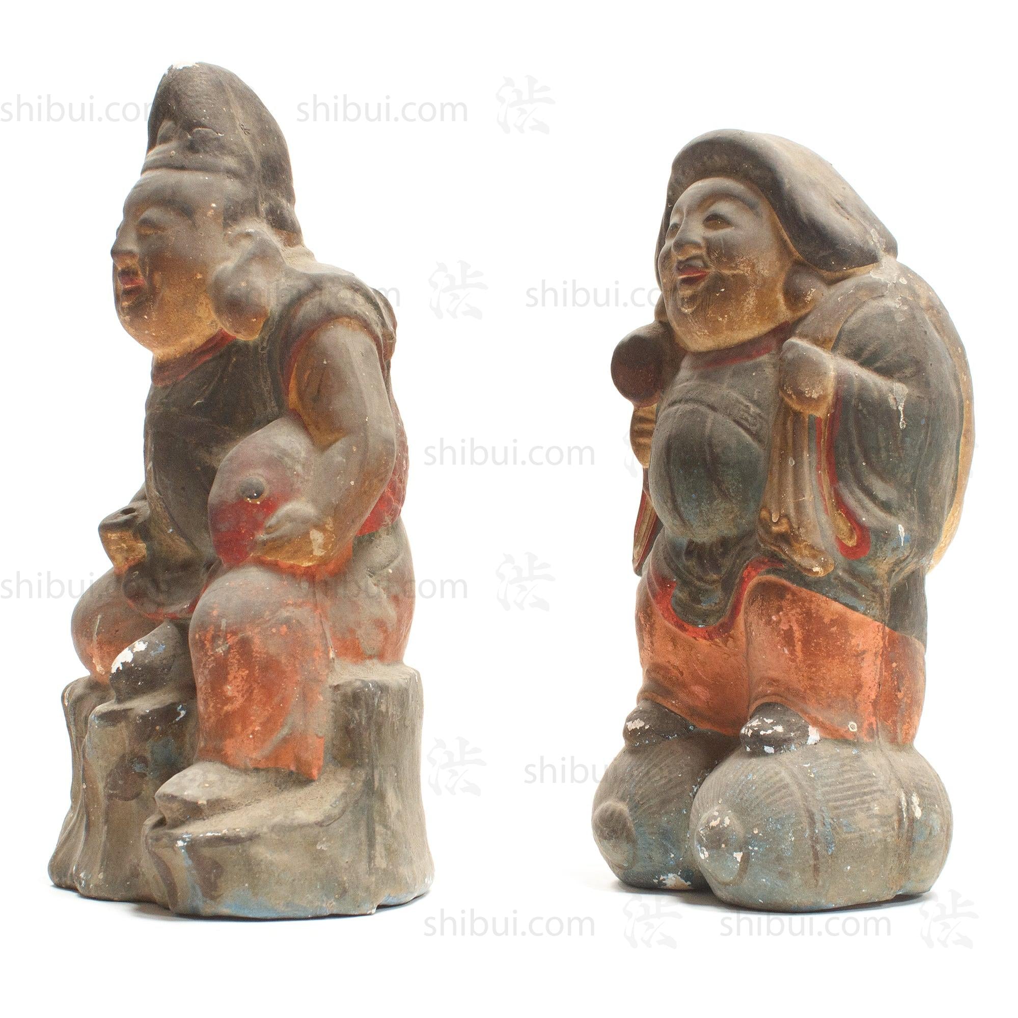 Daikoku and Ebisu Clay Dolls Meiji Era
