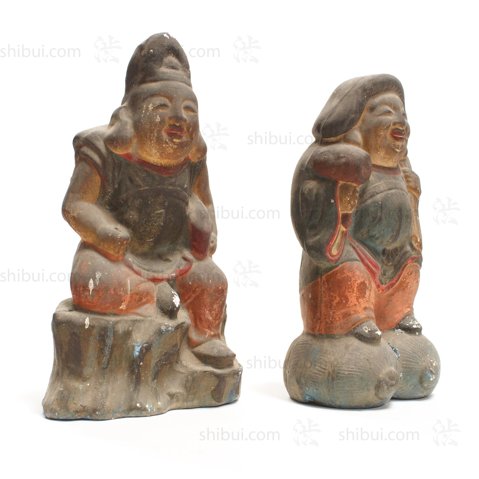 Daikoku and Ebisu Clay Dolls Meiji Era