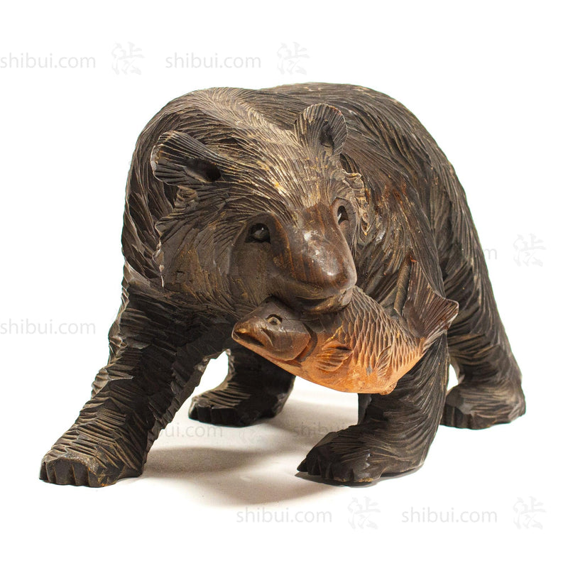 Kibori Kuma | Hand Carved Wood Bear | Japanese Hand Carved Bear with Salmon