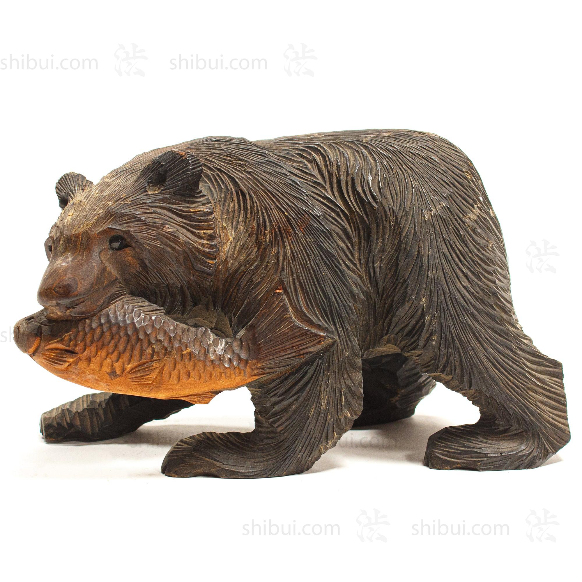 Kibori Kuma | Hand Carved Wood Bear | Japanese Hand Carved Bear with Salmon