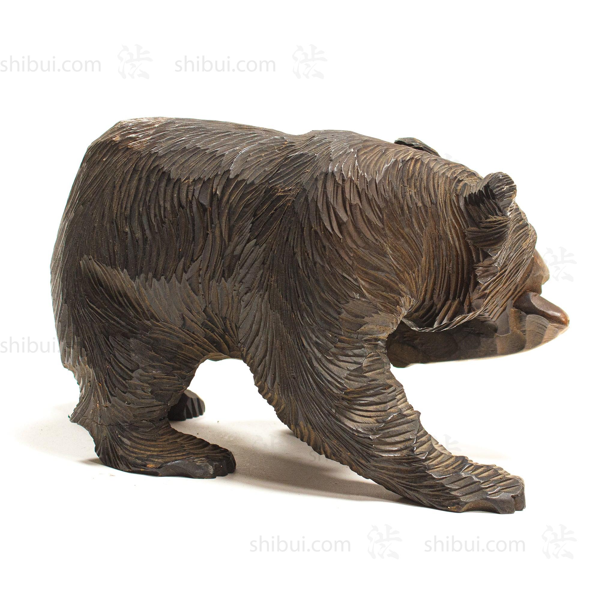 Kibori Kuma | Hand Carved Wood Bear | Japanese Hand Carved Bear with Salmon