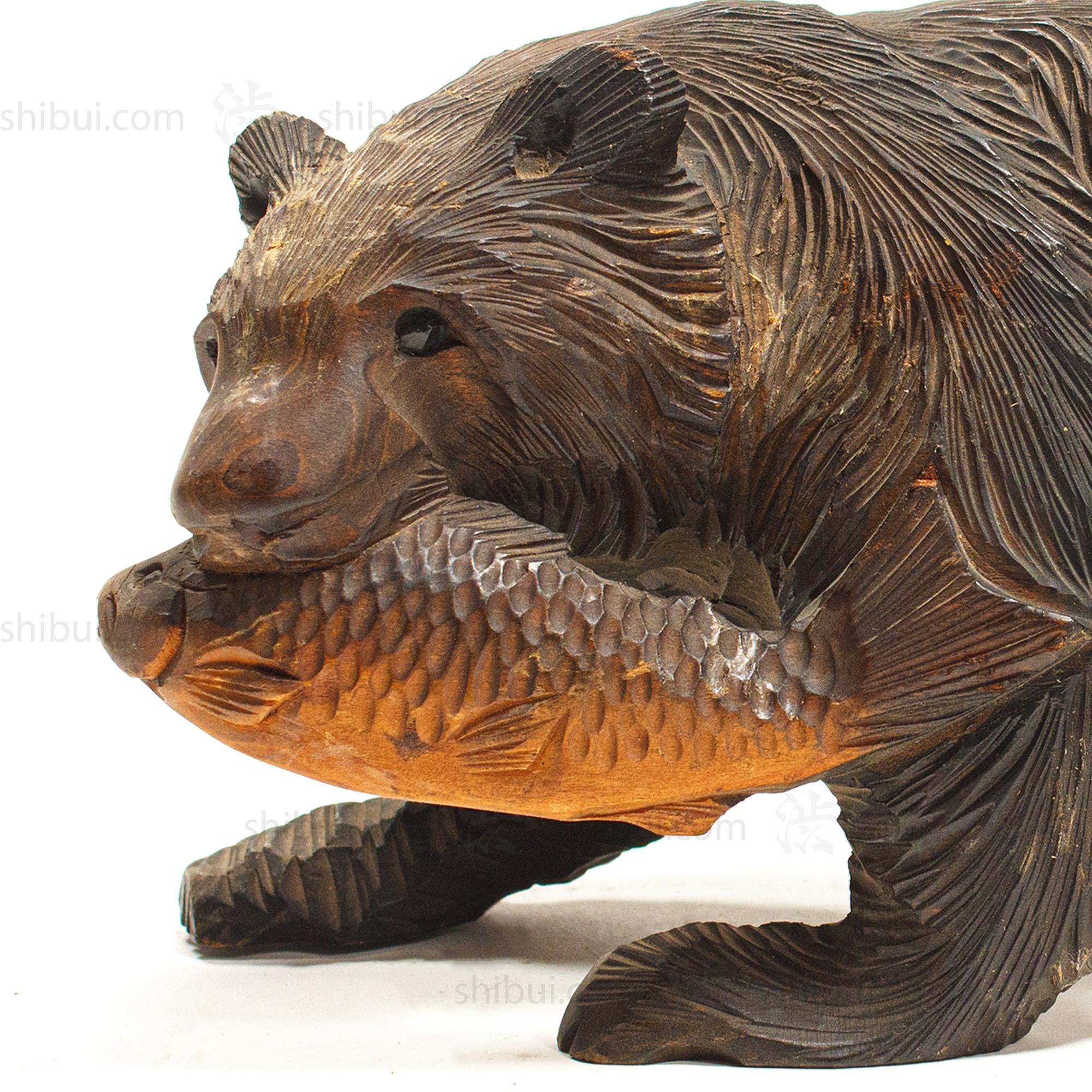 Kibori Kuma | Hand Carved Wood Bear | Japanese Hand Carved Bear with Salmon