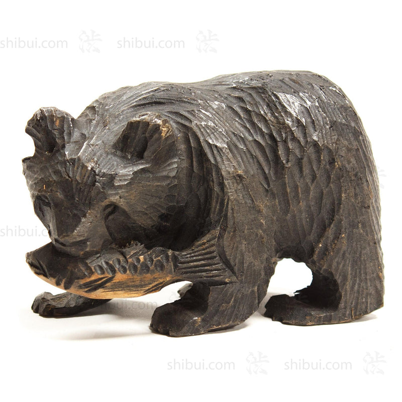 Kibori Kuma | Hand Carved Wood Bear | Japanese Hand Carved Bear with Salmon