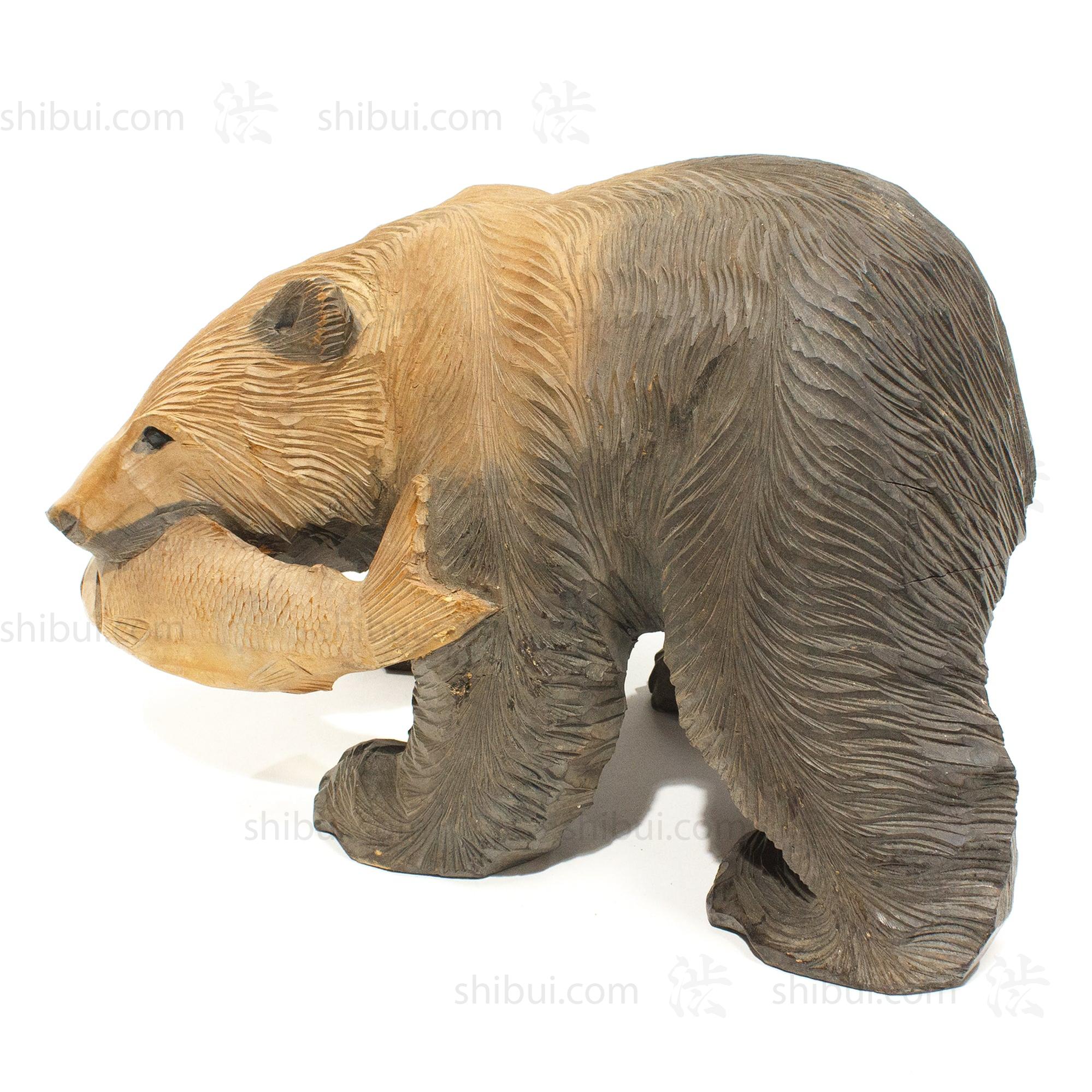 Kibori Kuma | Hand Carved Wood Bear | Japanese Hand Carved Bear with Salmon