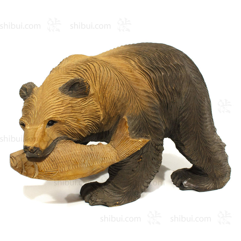 Kibori Kuma | Hand Carved Wood Bear | Japanese Hand Carved Bear with Salmon