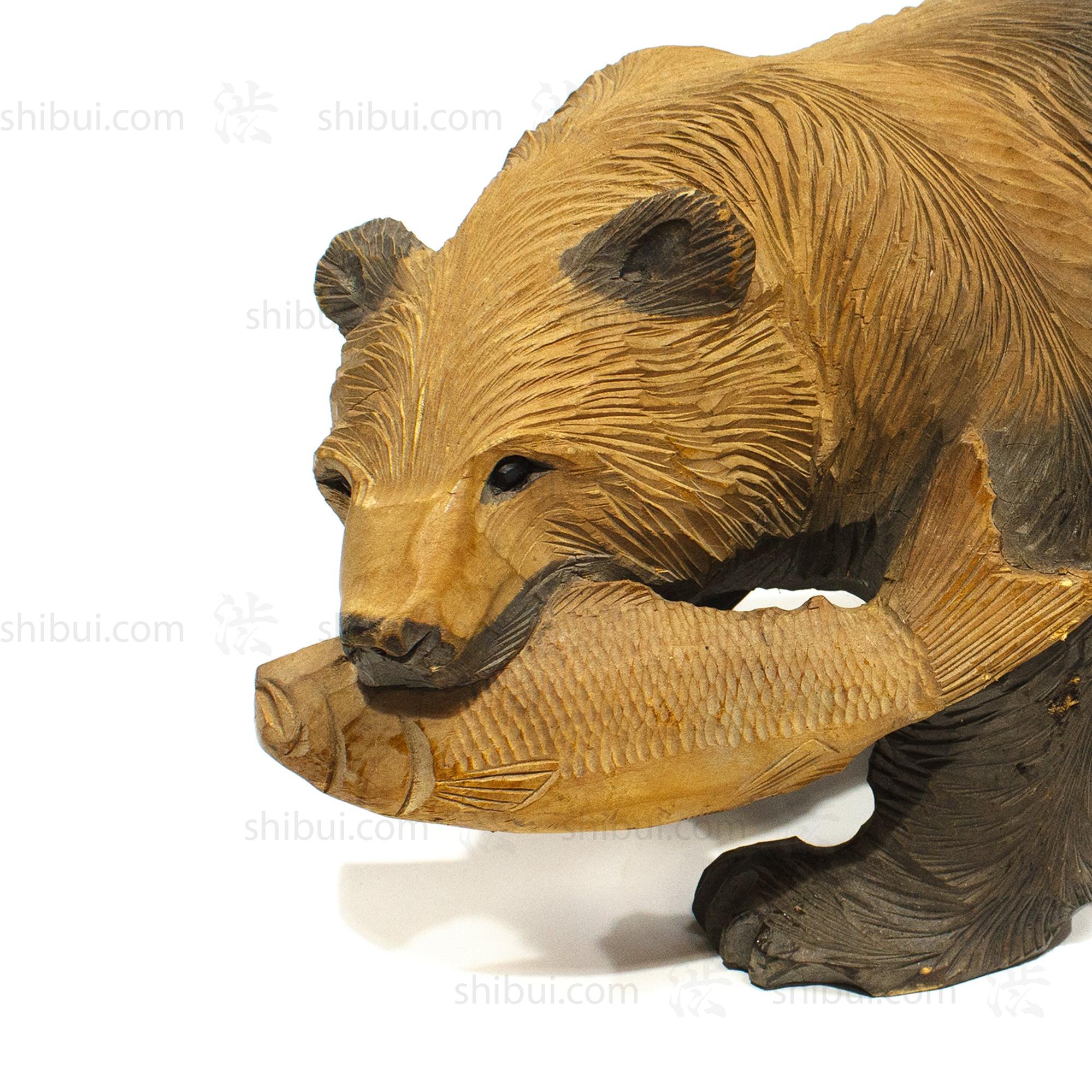 Kibori Kuma | Hand Carved Wood Bear | Japanese Hand Carved Bear with Salmon