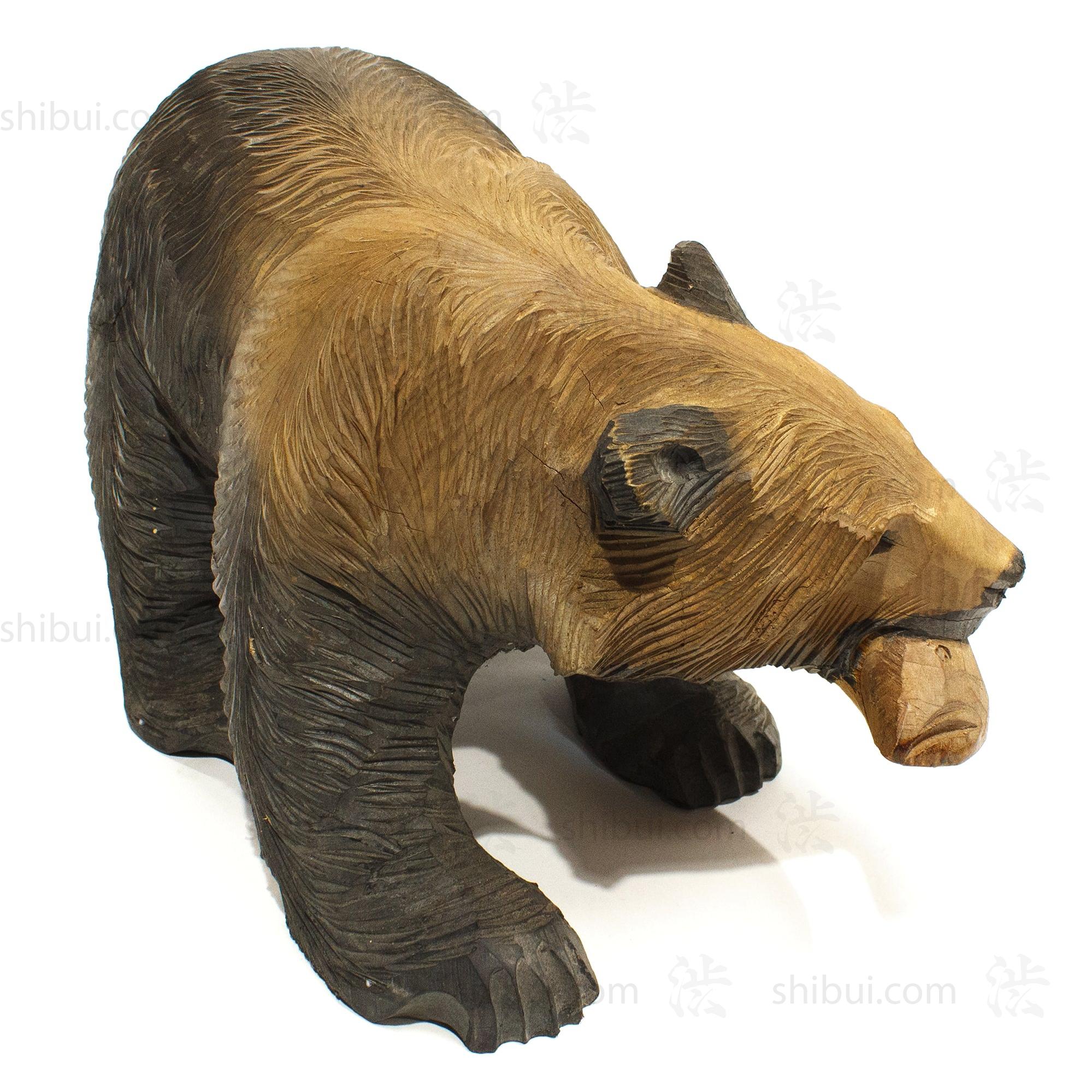 Kibori Kuma | Hand Carved Wood Bear | Japanese Hand Carved Bear with Salmon