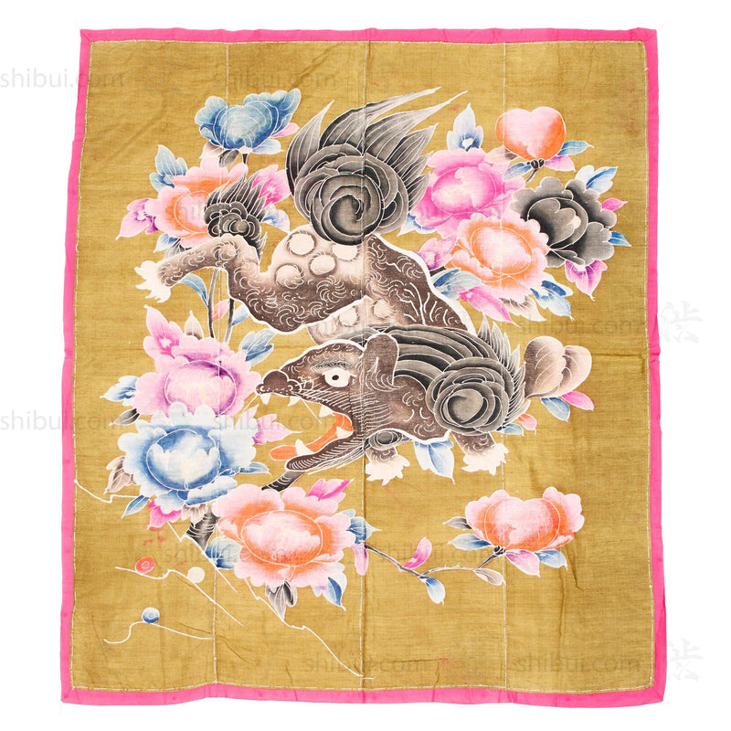 Silk Shishi Lion Dog Tsutsugaki Futon Cover | Japanese Antique Futonji