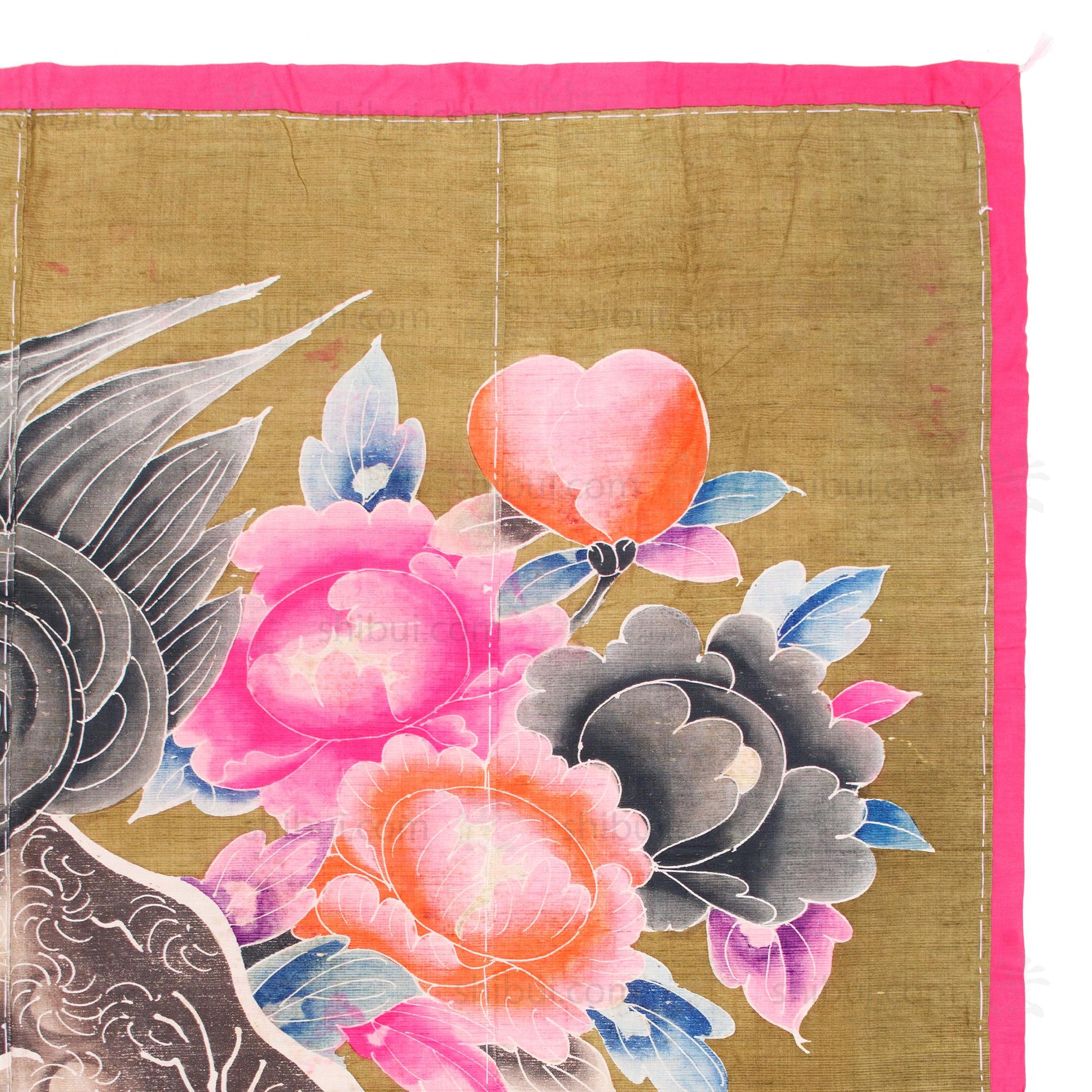 Silk Shishi Lion Dog Tsutsugaki Futon Cover | Japanese Antique Futonji