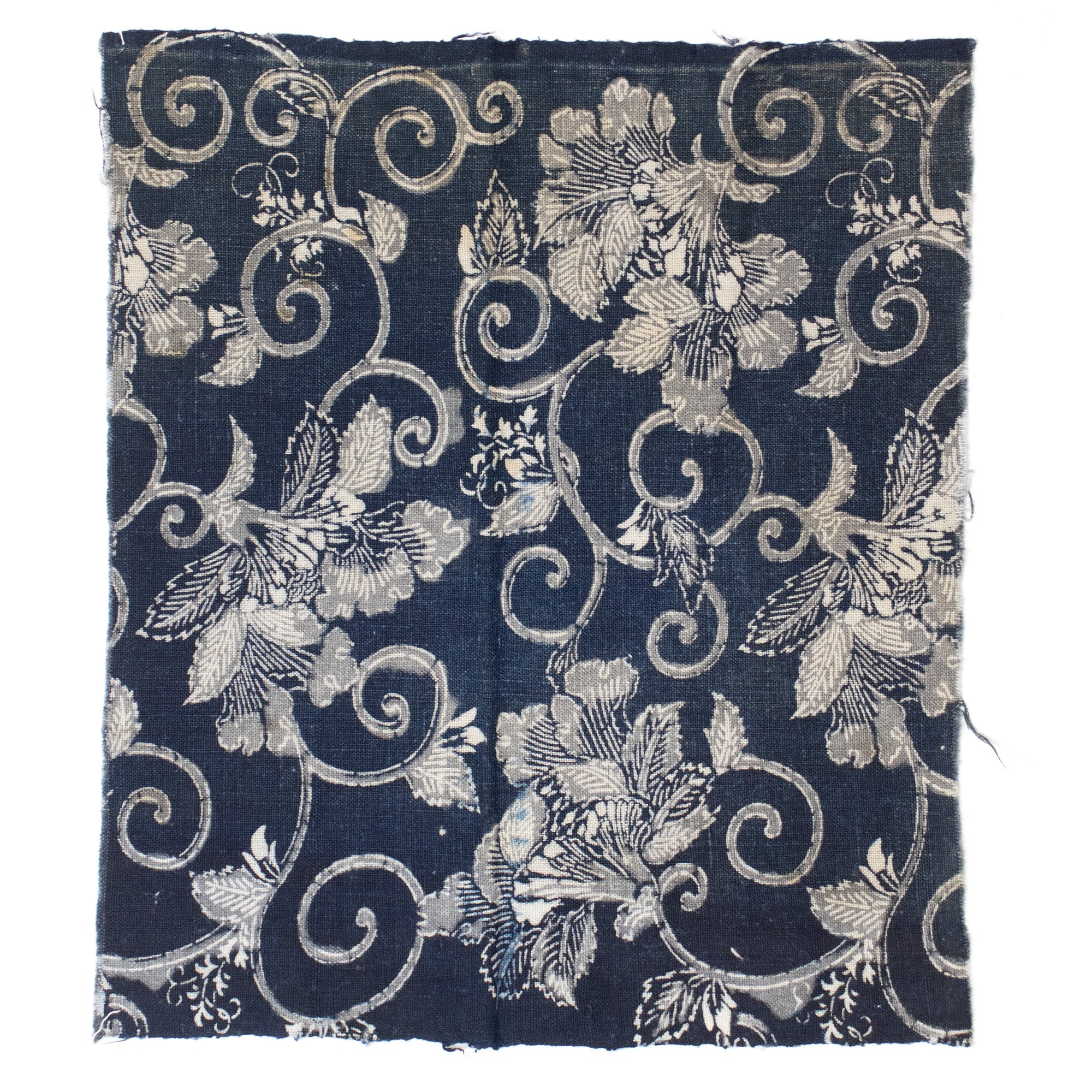 Indigo Cotton Katazome Fragment with Floral Motif