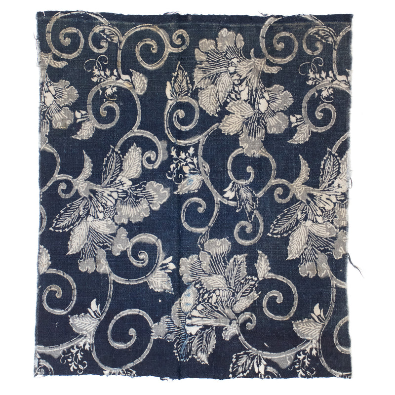 Indigo Cotton Katazome Fragment with Floral Motif