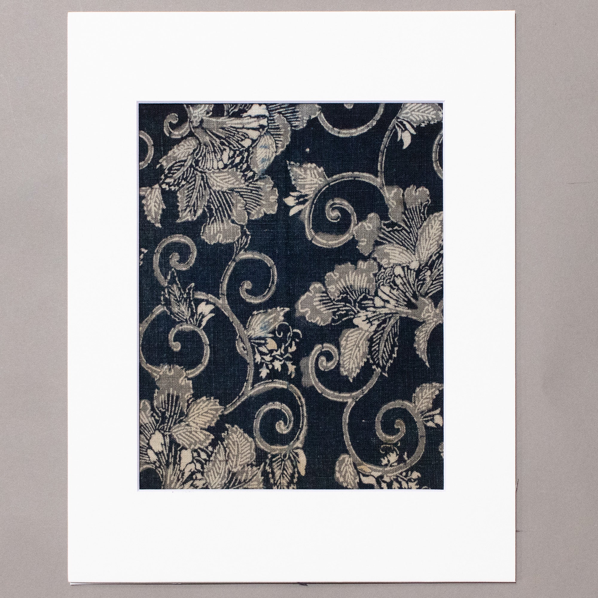 Indigo Cotton Katazome Fragment with Floral Motif