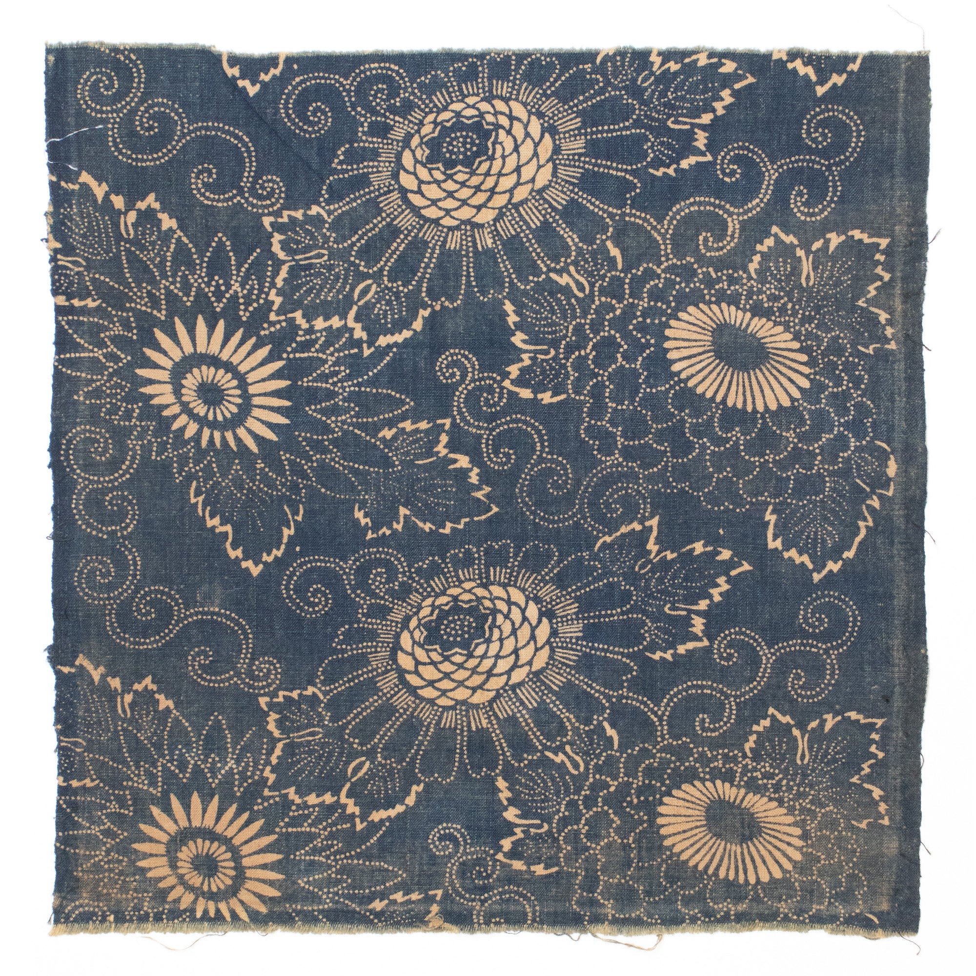 Indigo Cotton Katazome Fragment with Floral Motif