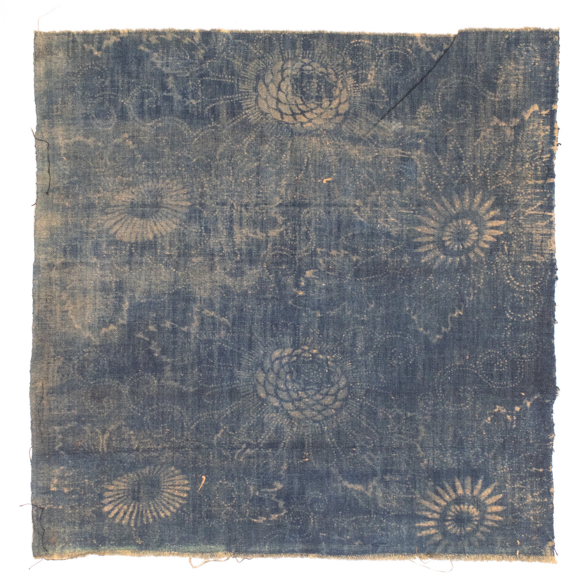 Indigo Cotton Katazome Fragment with Floral Motif