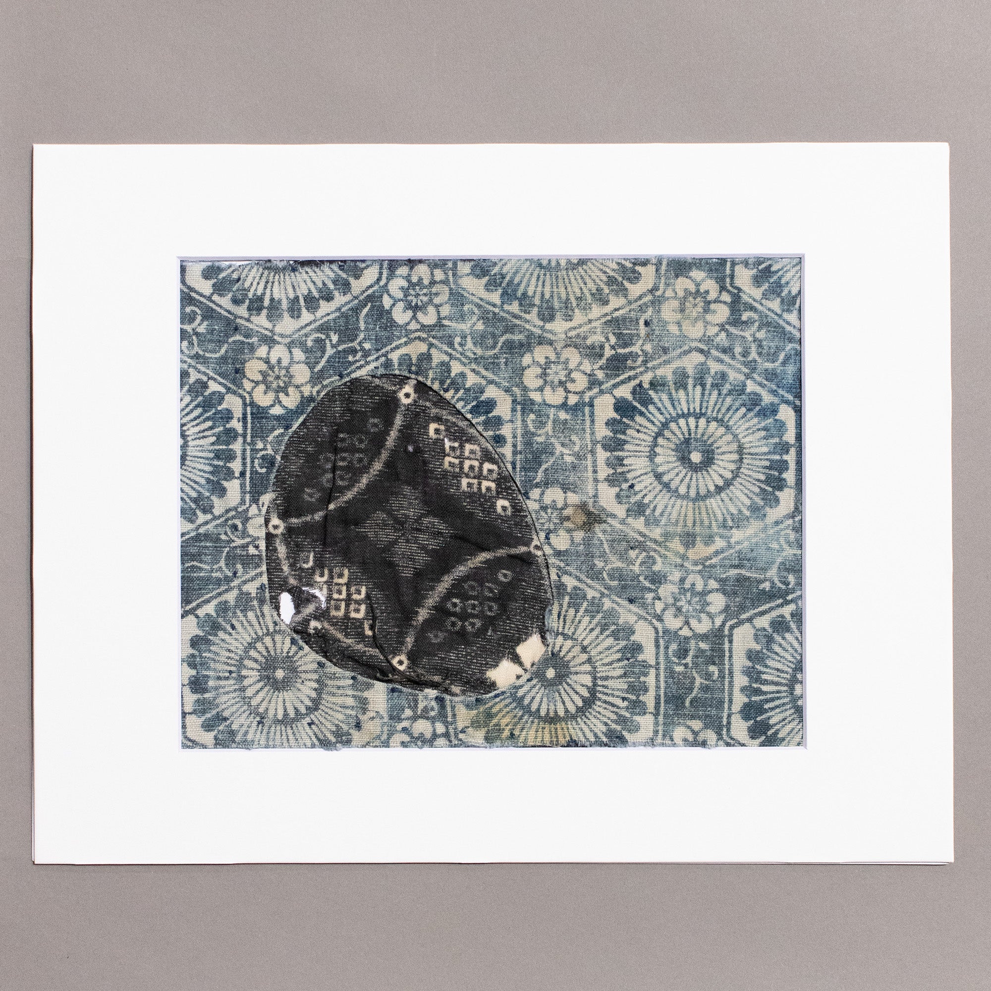 Indigo Boro Cotton Katazome Fragment with Floral Motif