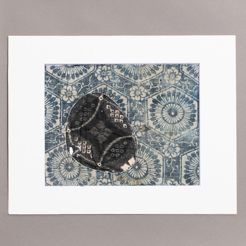 Indigo Boro Cotton Katazome Fragment with Floral Motif