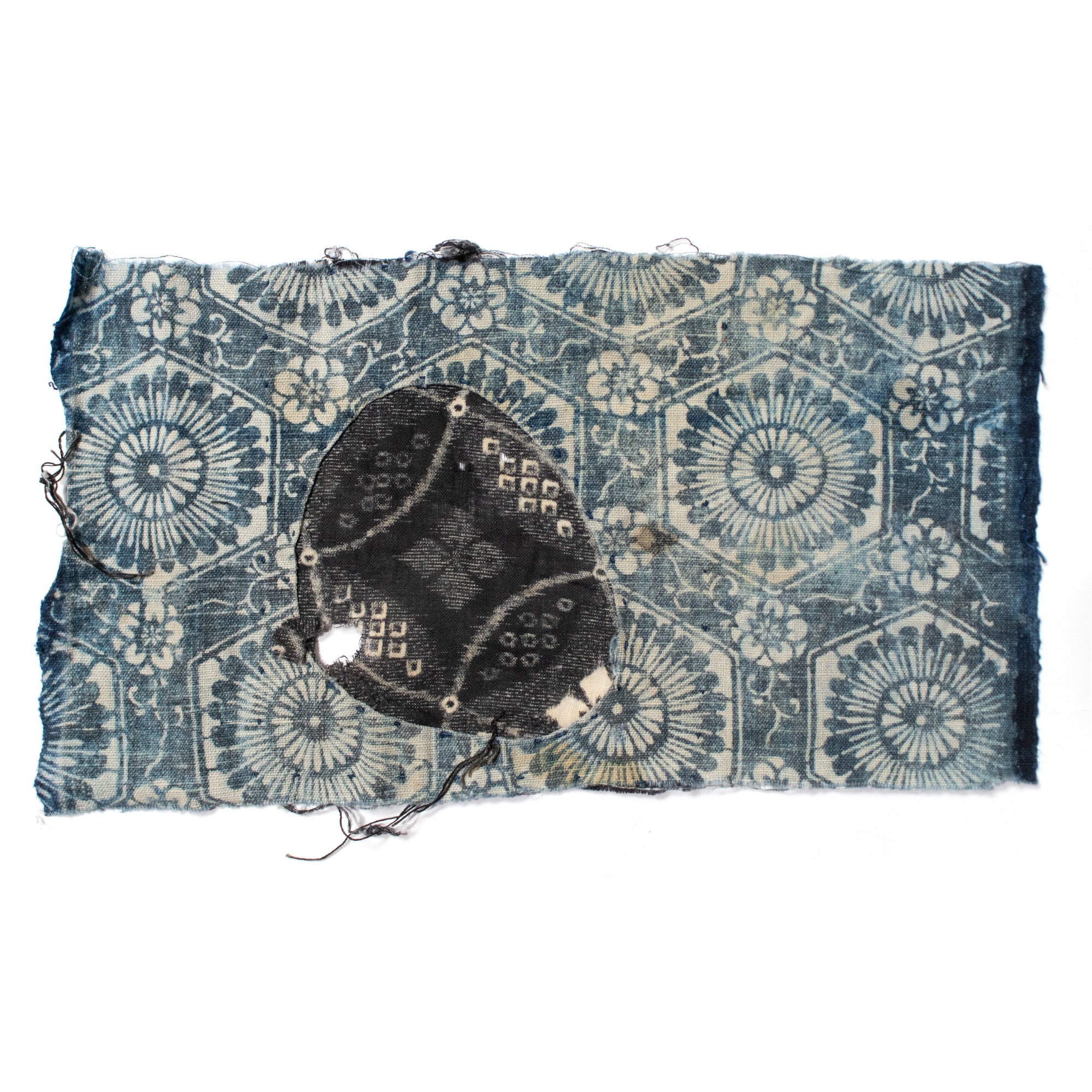 Indigo Boro Cotton Katazome Fragment with Floral Motif
